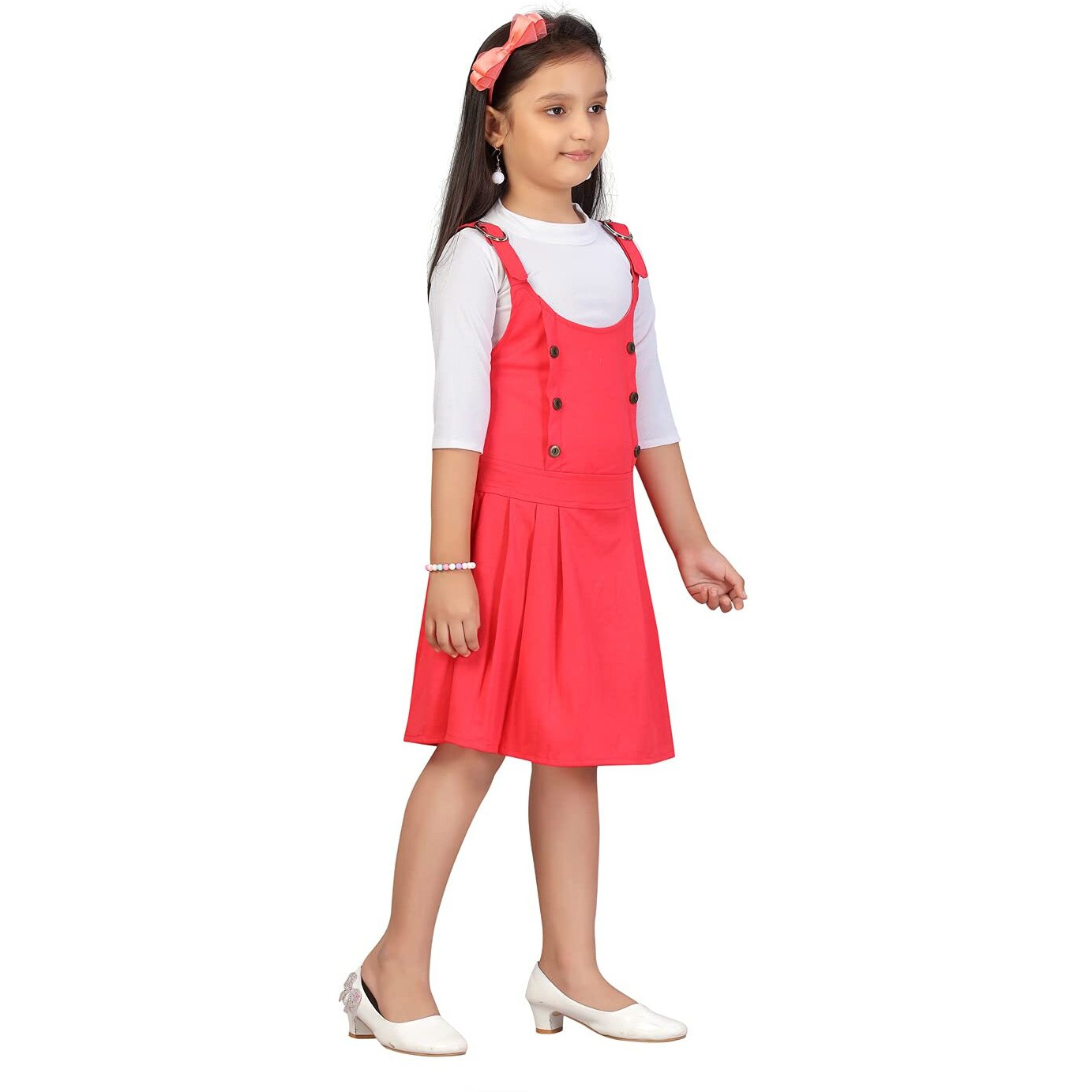 Aarika Girl's Cotton Blend Skater Knee-Length Dress (Dr-1615_White-Pink_26)