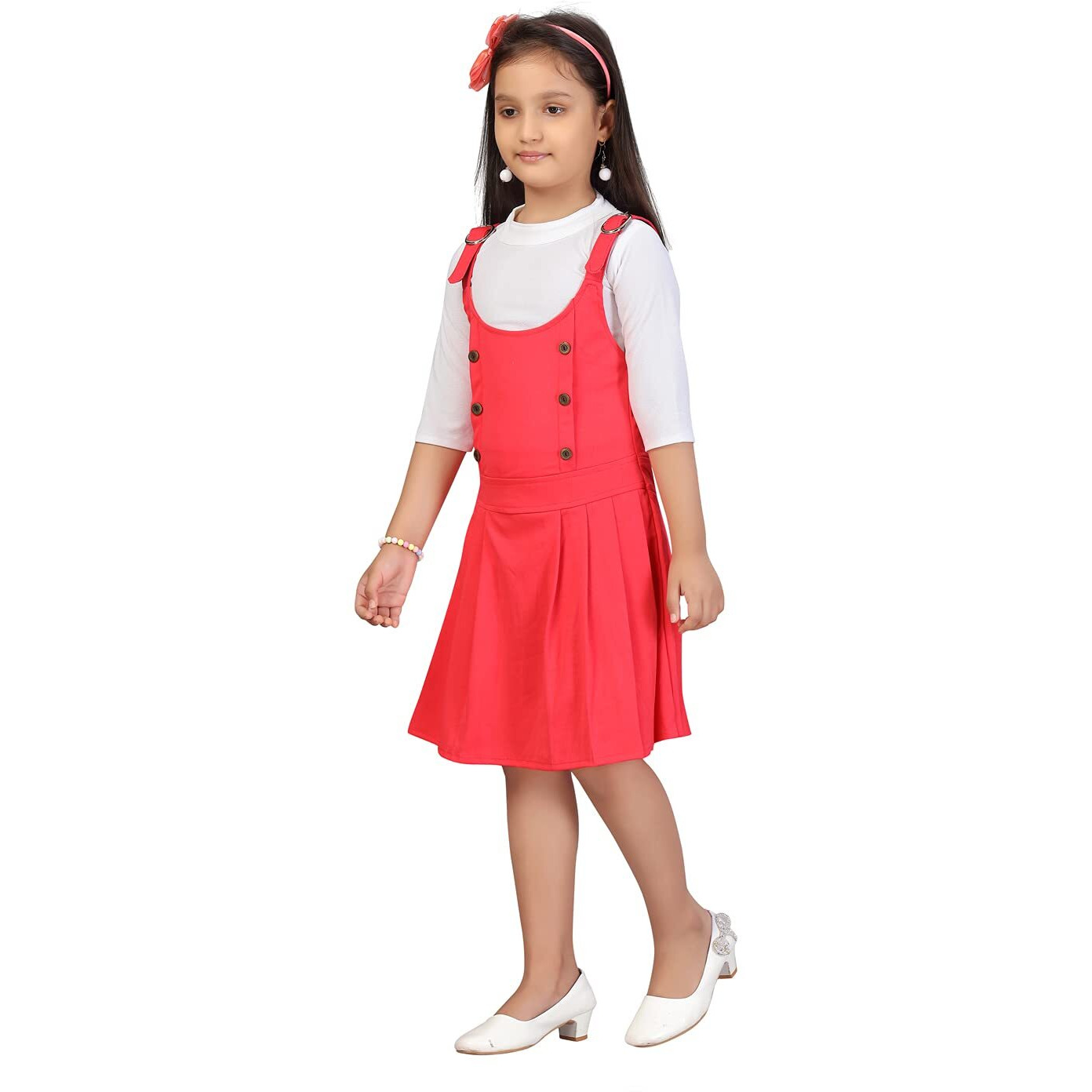 Aarika Girl's Cotton Blend Skater Knee-Length Dress (Dr-1615_White-Pink_26)