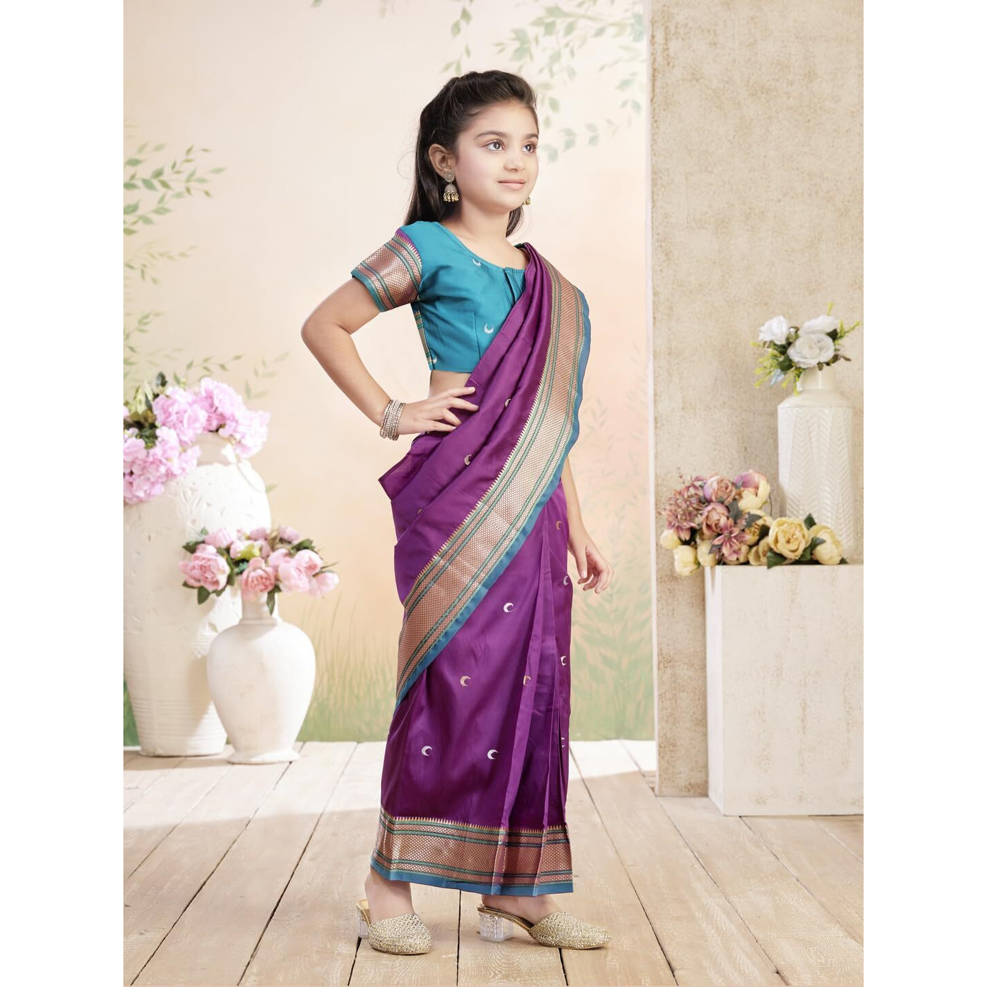 Aarika Girls Ethnic Wear Rama Green Colour Zari Silk Saree-(2-8 Years)-(Sr-7161-Green-Purple-20)
