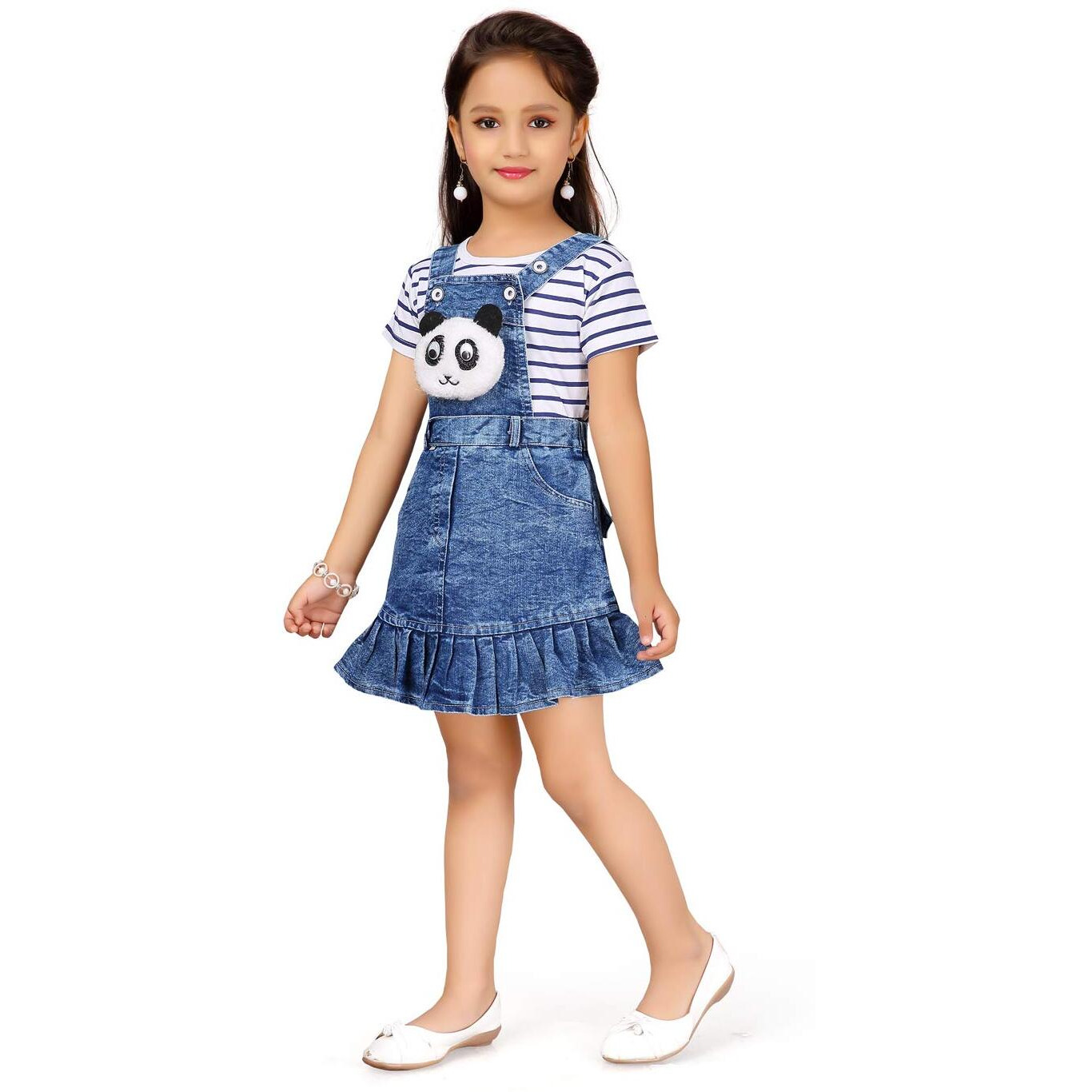 Aarika Girl's Cotton Classic Knee-Length Dress (Ddr-3021_White-Blue_24)