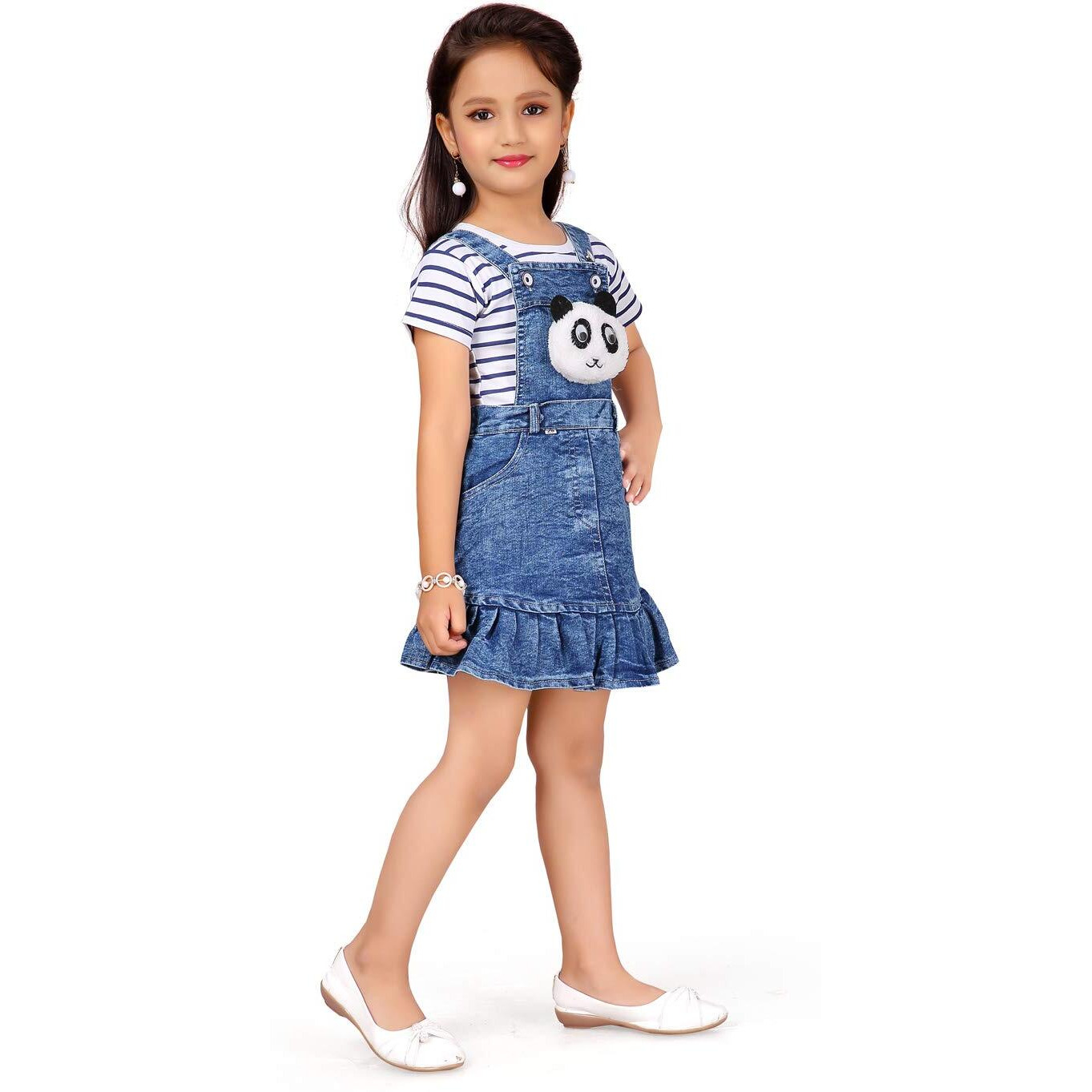 Aarika Girl's Cotton Classic Knee-Length Dress (Ddr-3021_White-Blue_24)