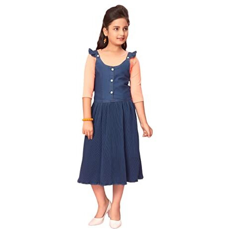 Aarika Girl's Cotton Blend Skater Calf Length Dress (New_Dr-31439-Navy-Blue- Navy Blue-Peach