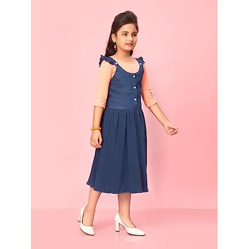 Aarika Girl's Cotton Blend Skater Calf Length Dress (New_Dr-31439-Navy-Blue- Navy Blue-Peach