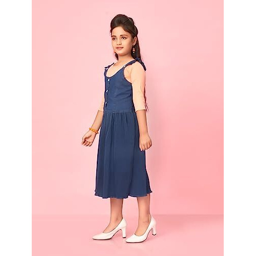 Aarika Girl's Cotton Blend Skater Calf Length Dress (New_Dr-31439-Navy-Blue- Navy Blue-Peach