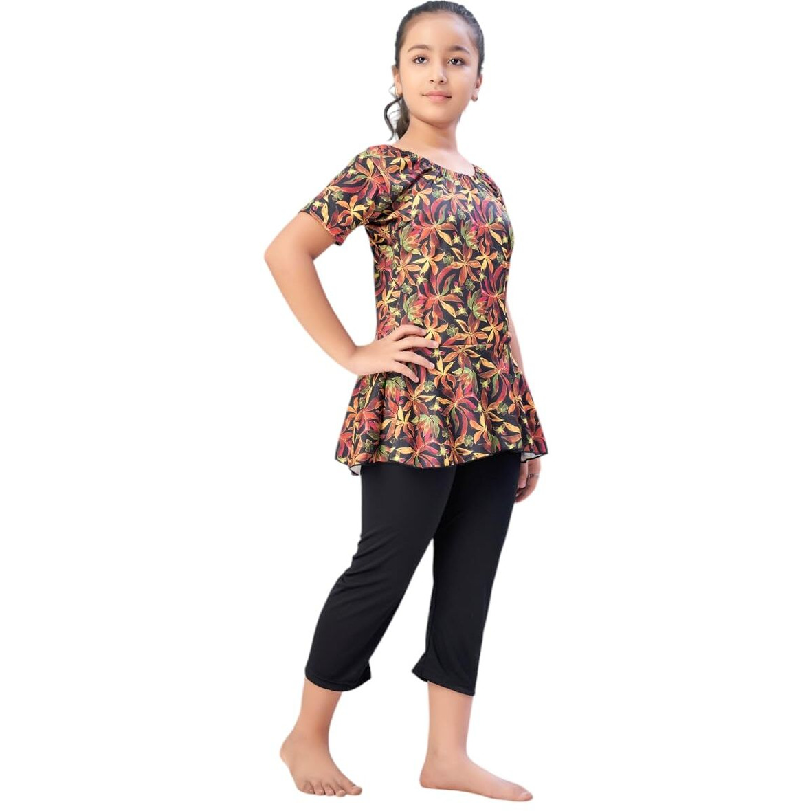 Aarika Girls Sports Wear Yellow-Black Colour Floral Print Nylon Swim Suit (5-15 Years)-(Sw-Shm-C-1112)