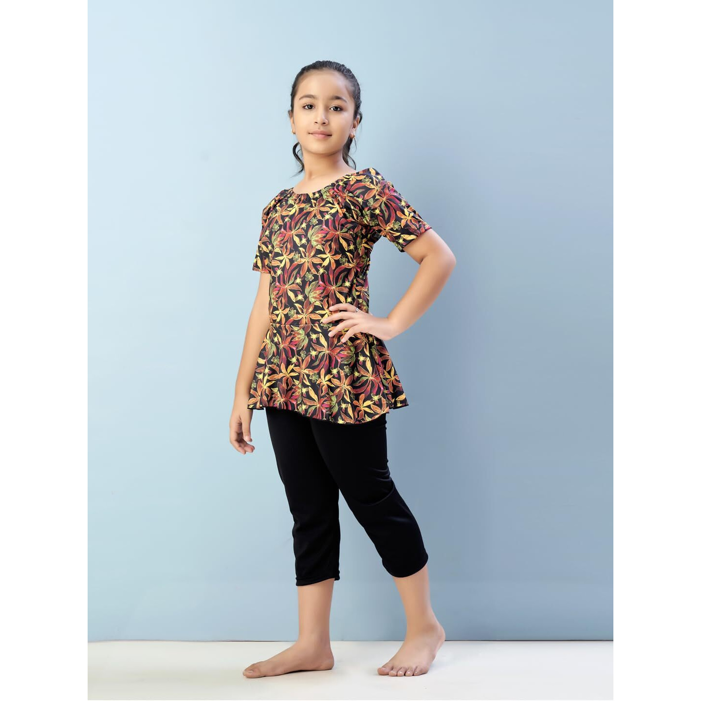 Aarika Girls Sports Wear Yellow-Black Colour Floral Print Nylon Swim Suit (5-15 Years)-(Sw-Shm-C-1112)