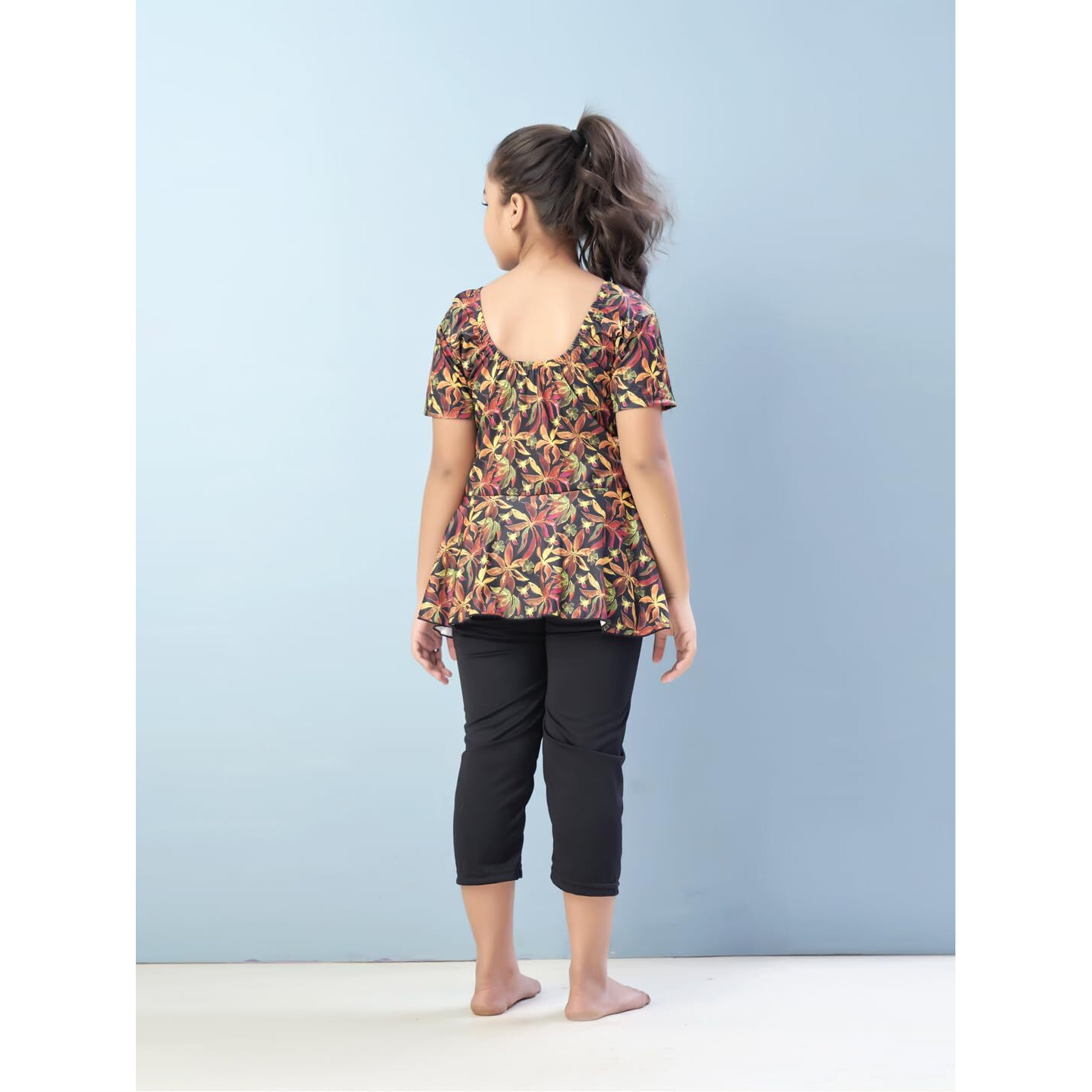 Aarika Girls Sports Wear Yellow-Black Colour Floral Print Nylon Swim Suit (5-15 Years)-(Sw-Shm-C-1112)