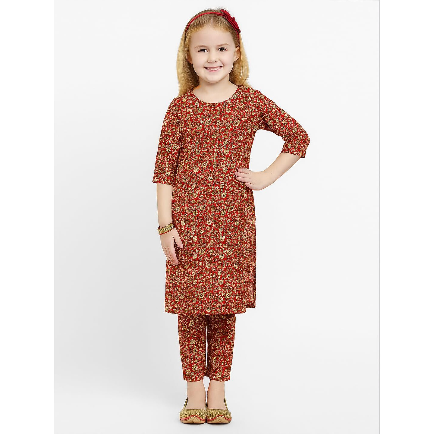 A.T.U.N. (All Things Uber Nice) Girls Floral Printed 3/4 Sleeve Kurti And Pant Set | Stylish Traditional Ethnic Wear Salwar Suit Set For All Ocassions