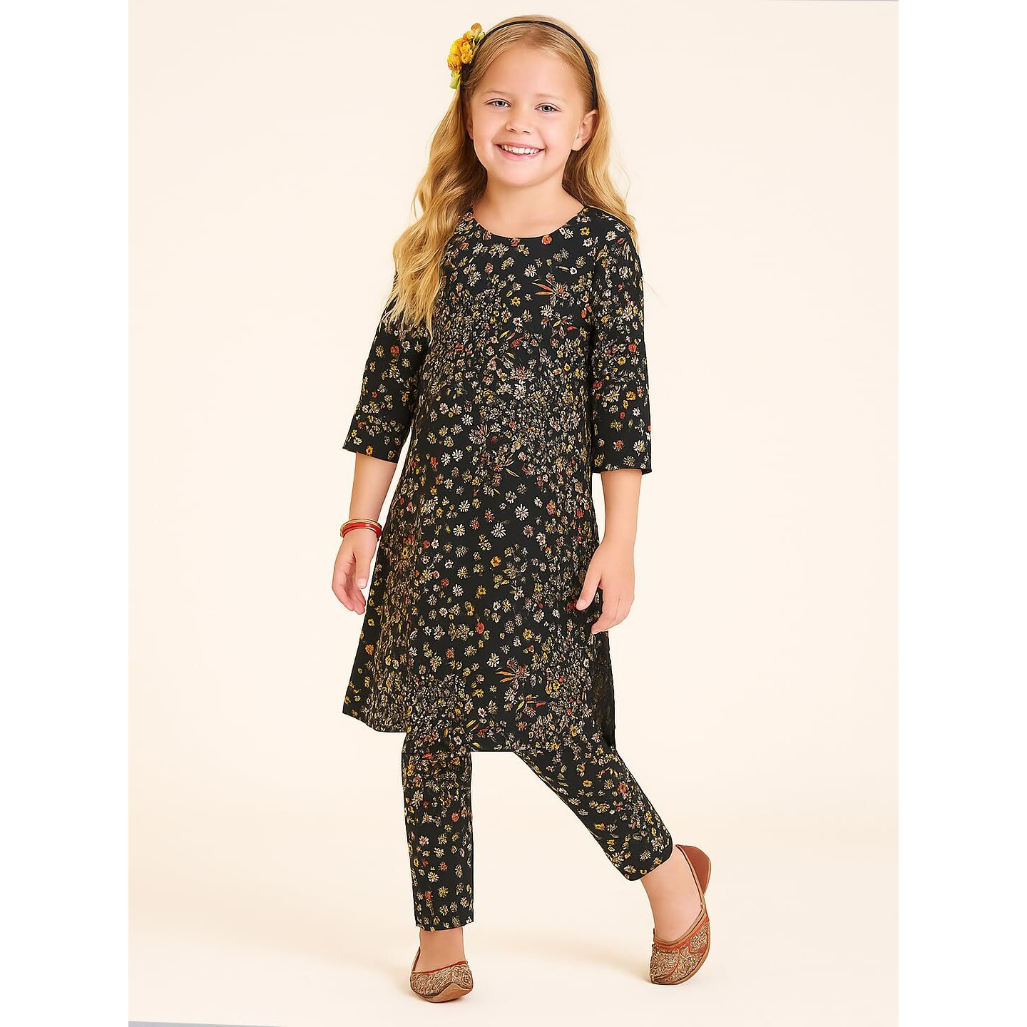 A.T.U.N. (All Things Uber Nice) Girls Floral Printed 3/4 Sleeve Kurti And Pant Set | Stylish Traditional Ethnic Wear Salwar Suit Set For All Ocassions