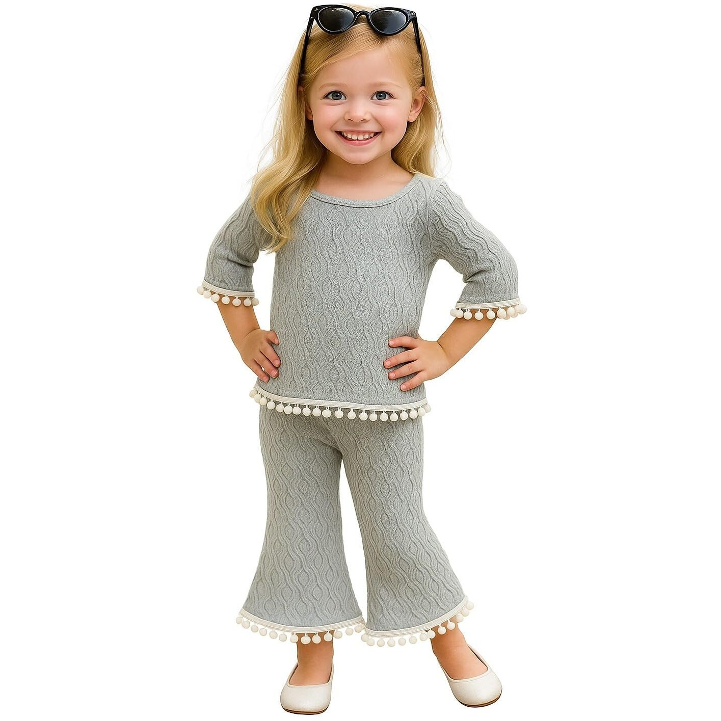 A.T.U.N. (All Things Uber Nice) Girls Grey Textured Knit Pom-Pom Trim 3/4 Sleeve Top And Bell Bottom Pants Set | Kids Stylish Two-Piece Outfit