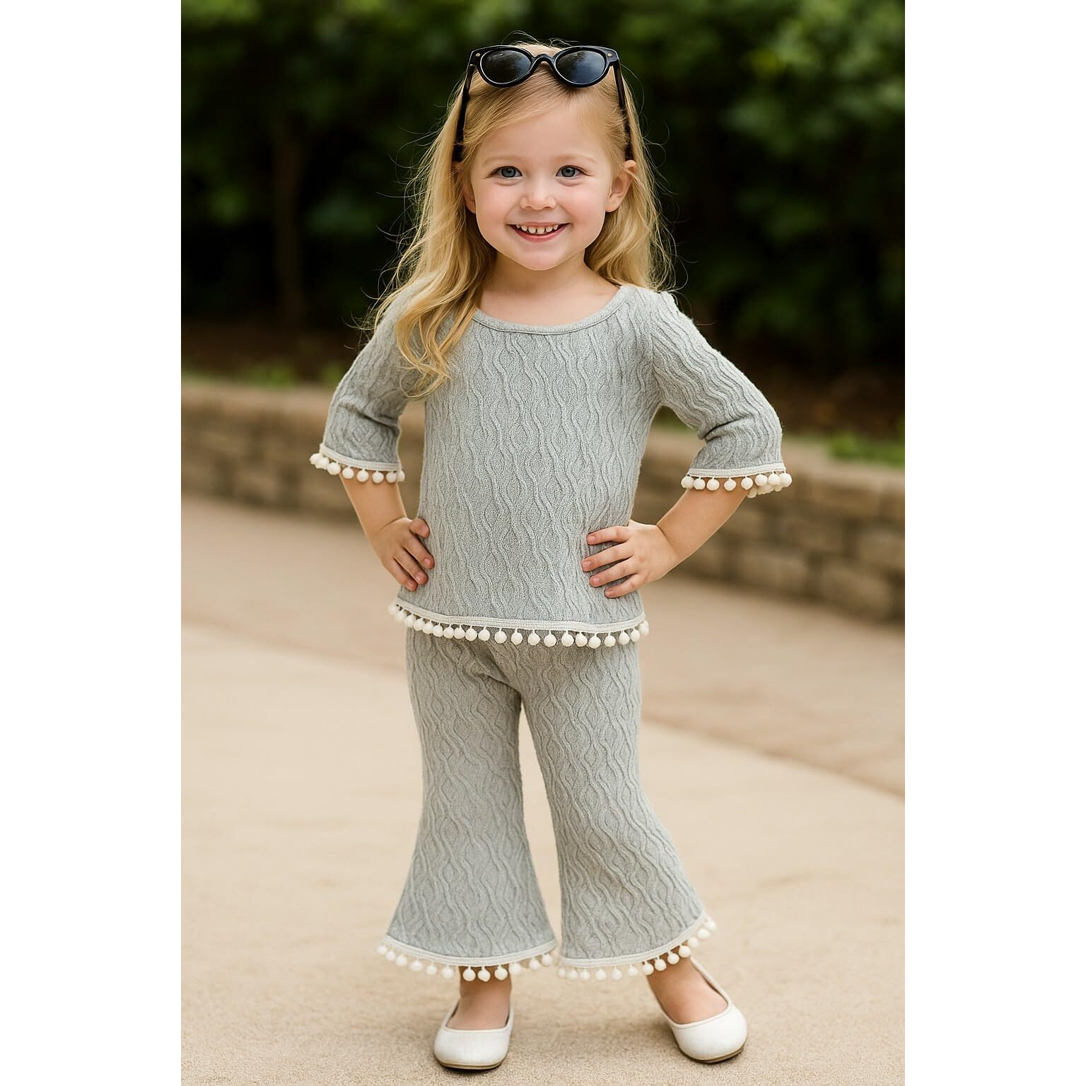 A.T.U.N. (All Things Uber Nice) Girls Grey Textured Knit Pom-Pom Trim 3/4 Sleeve Top And Bell Bottom Pants Set | Kids Stylish Two-Piece Outfit