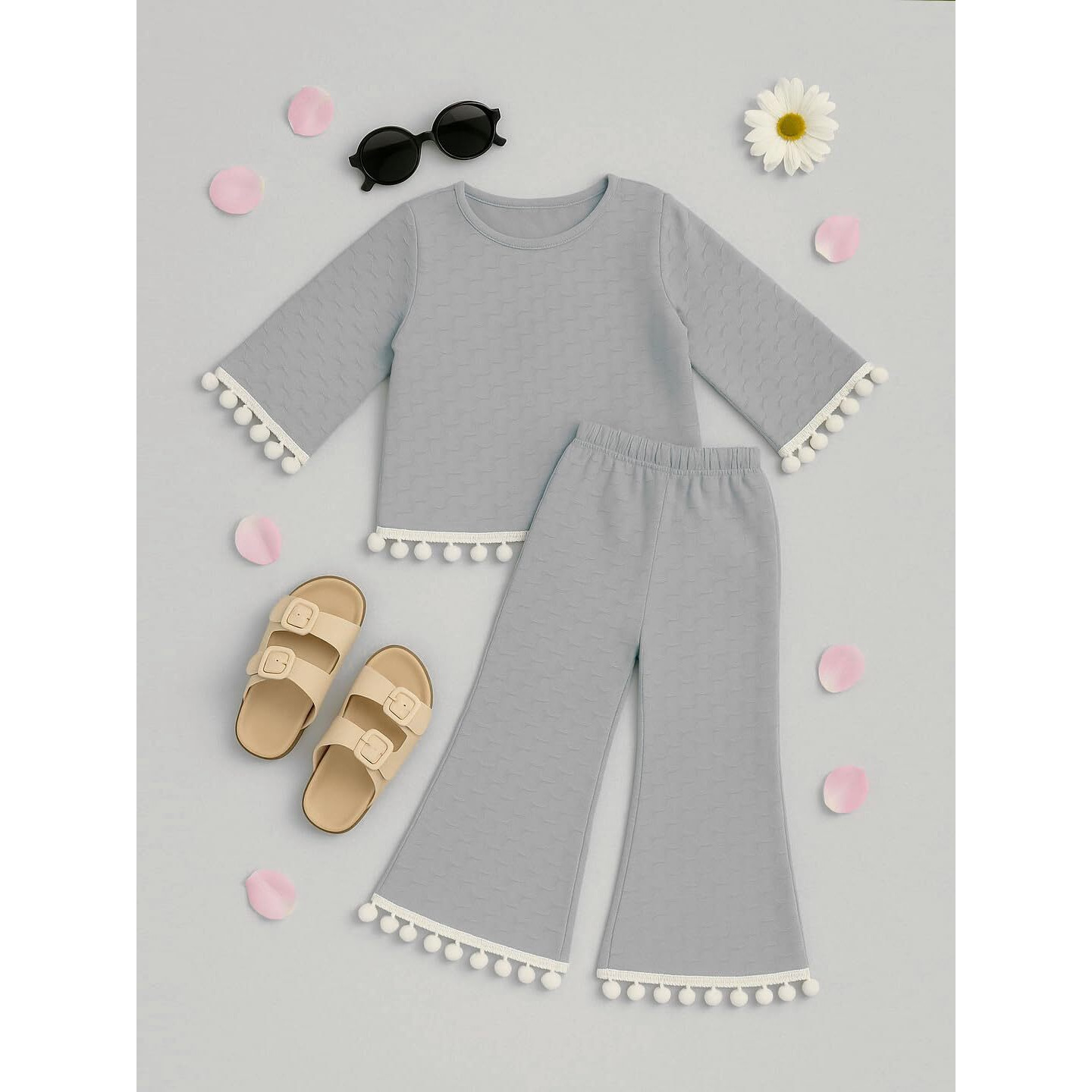 A.T.U.N. (All Things Uber Nice) Girls Grey Textured Knit Pom-Pom Trim 3/4 Sleeve Top And Bell Bottom Pants Set | Kids Stylish Two-Piece Outfit