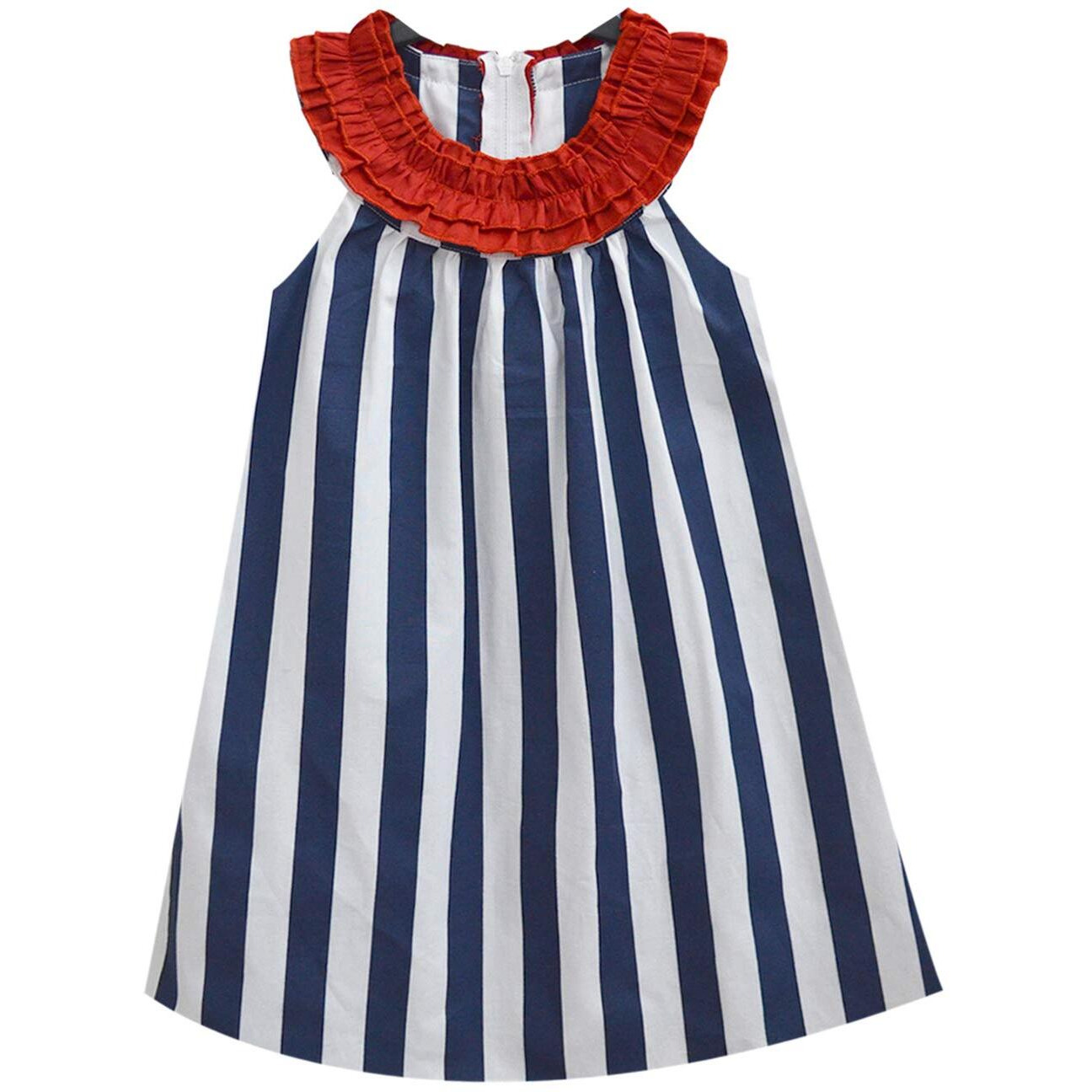 A.T.U.N Girl's A-Line Cotton Mini Dress (Gdrs Trc Nsr_White-Navy_5-6 Yr)