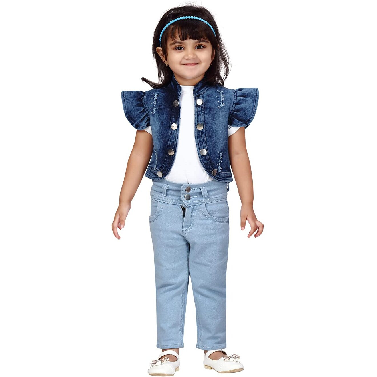 Aarika Girl's A-Line Coat (Dn-102_Denim Blue_34)