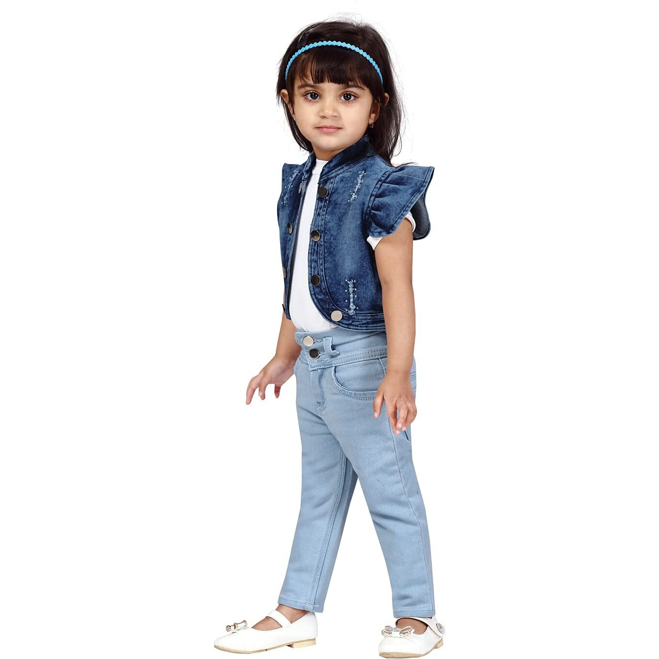 Aarika Girl's A-Line Coat (Dn-102_Denim Blue_34)