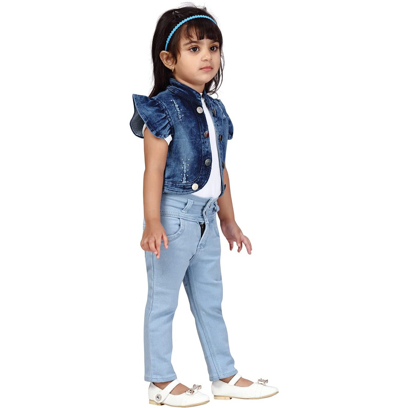 Aarika Girl's A-Line Coat (Dn-102_Denim Blue_34)