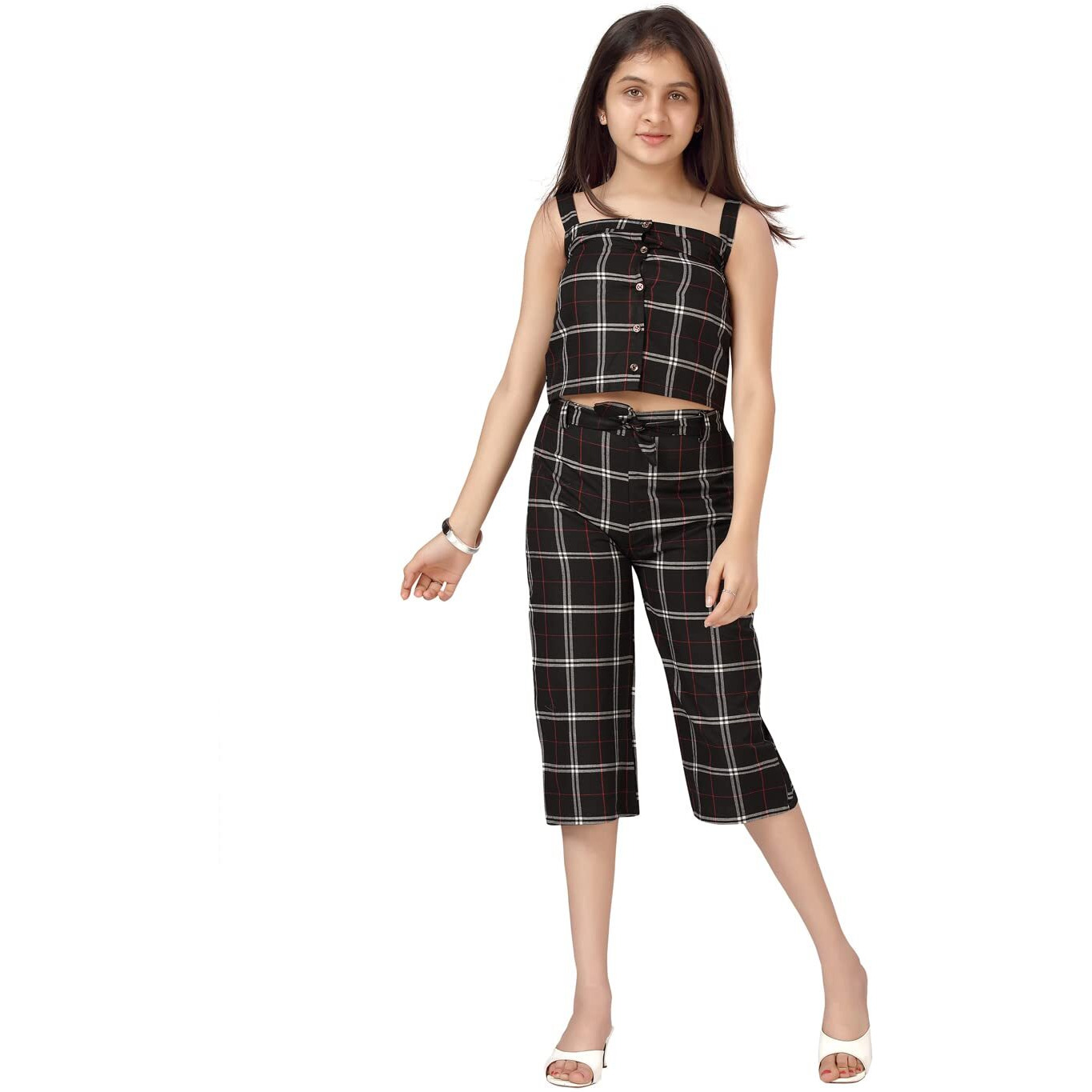 Aarika Cotton Girls Black Color Check Pattern Top & Capri Set (Dr-K-291-Black-34)