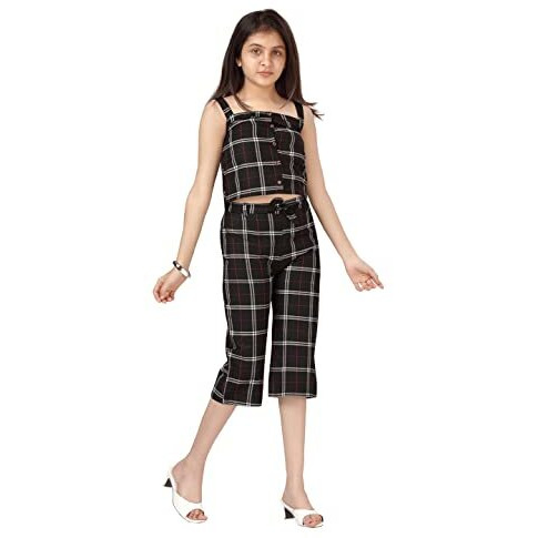 Aarika Cotton Girls Black Color Check Pattern Top & Capri Set (Dr-K-291-Black-34)