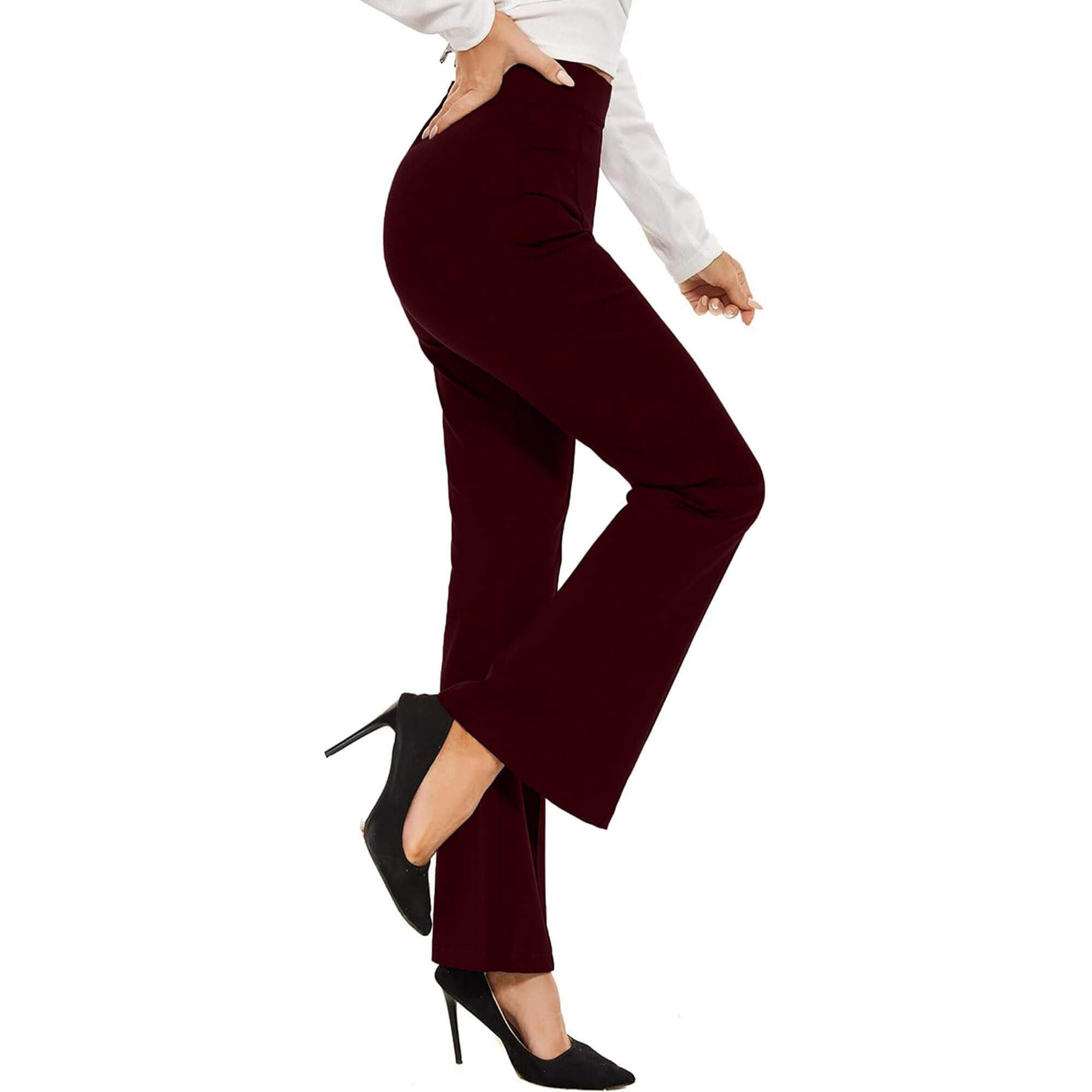 Addyvero Elastic Cotton Solid Stretchable Regular Fit Full Length Women Parallel High Rise Trouser (Maroon,32)