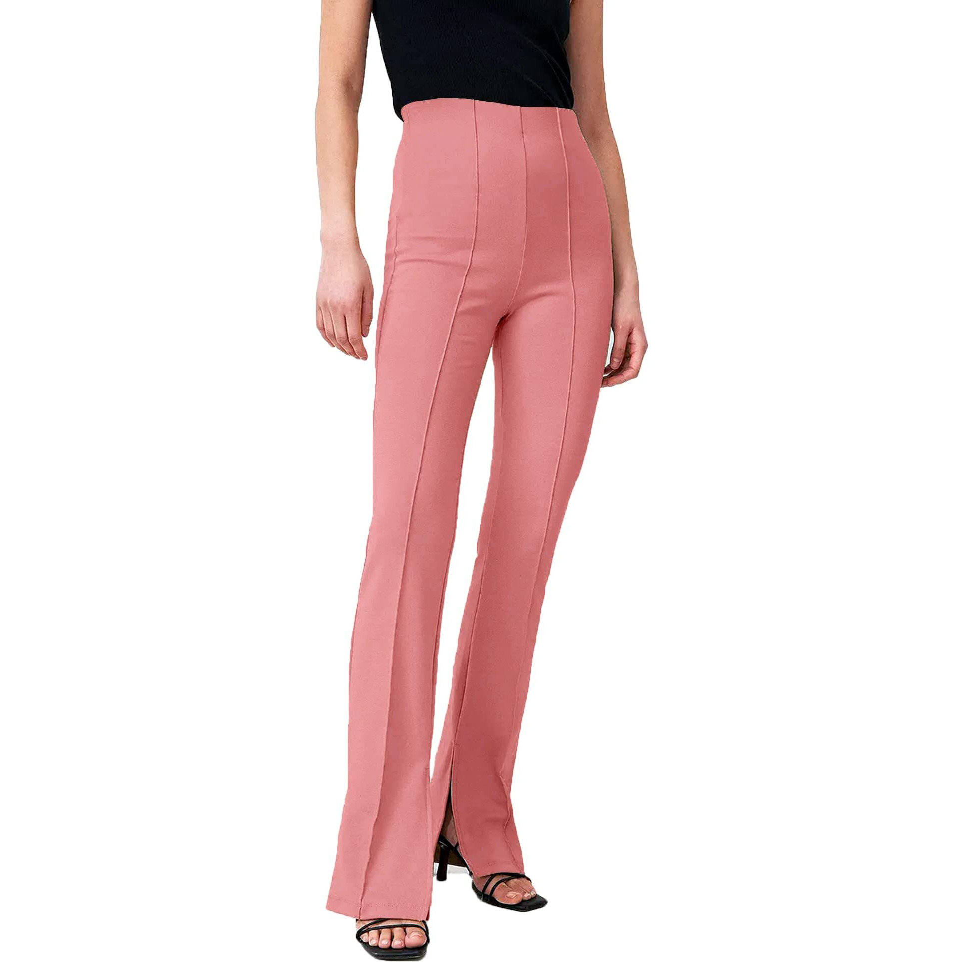 Addyvero High Rise Elastic Cotton Blend Solid Stretchable Regular Side Cut Full Length Women Trouser (Pink, 30)