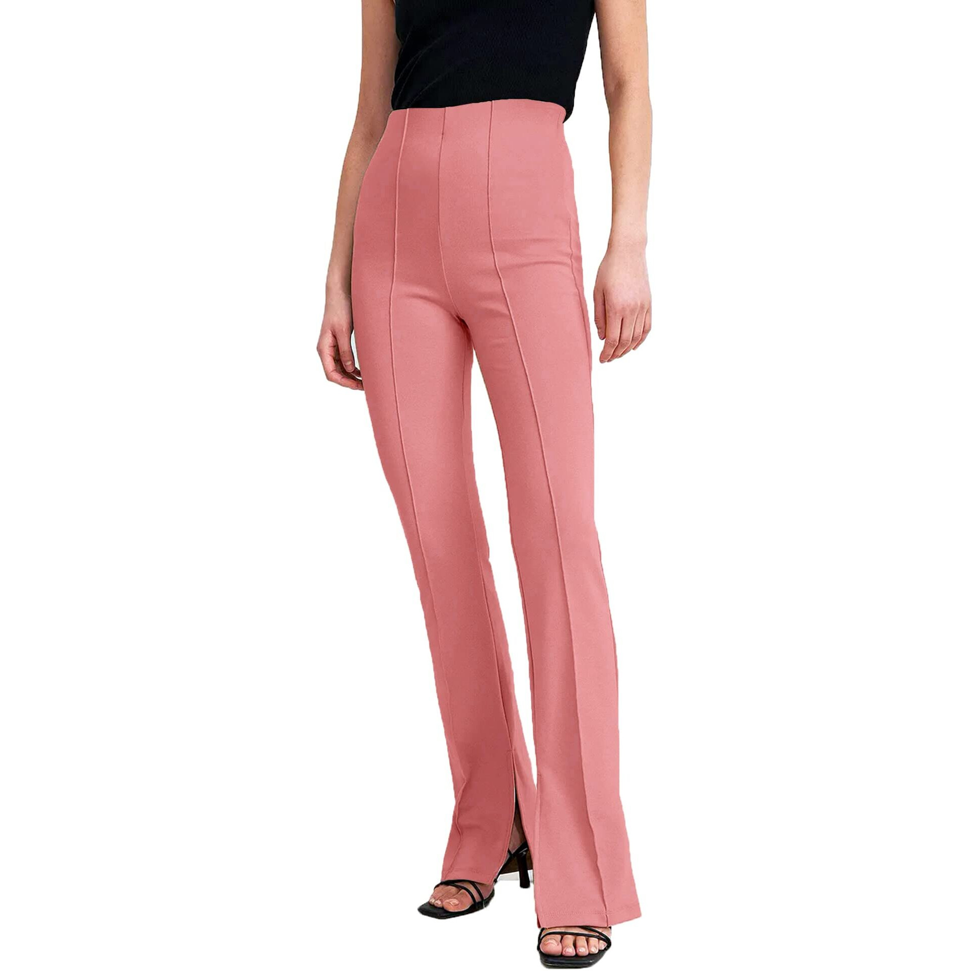 Addyvero High Rise Elastic Cotton Blend Solid Stretchable Regular Side Cut Full Length Women Trouser (Pink, 30)