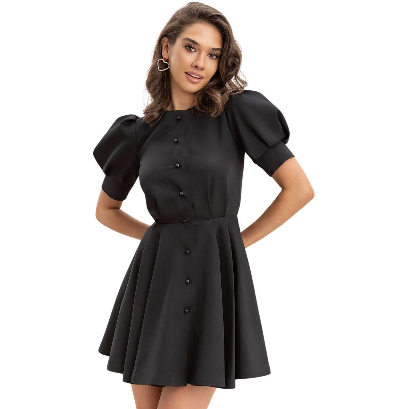 Addyvero Black Buttoned Puff-Sleeve Above Knee Dress