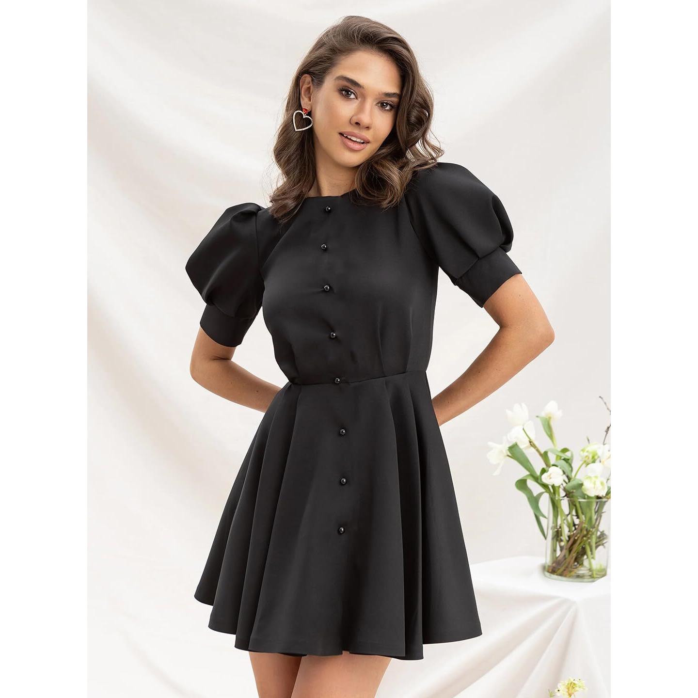 Addyvero Black Buttoned Puff-Sleeve Above Knee Dress