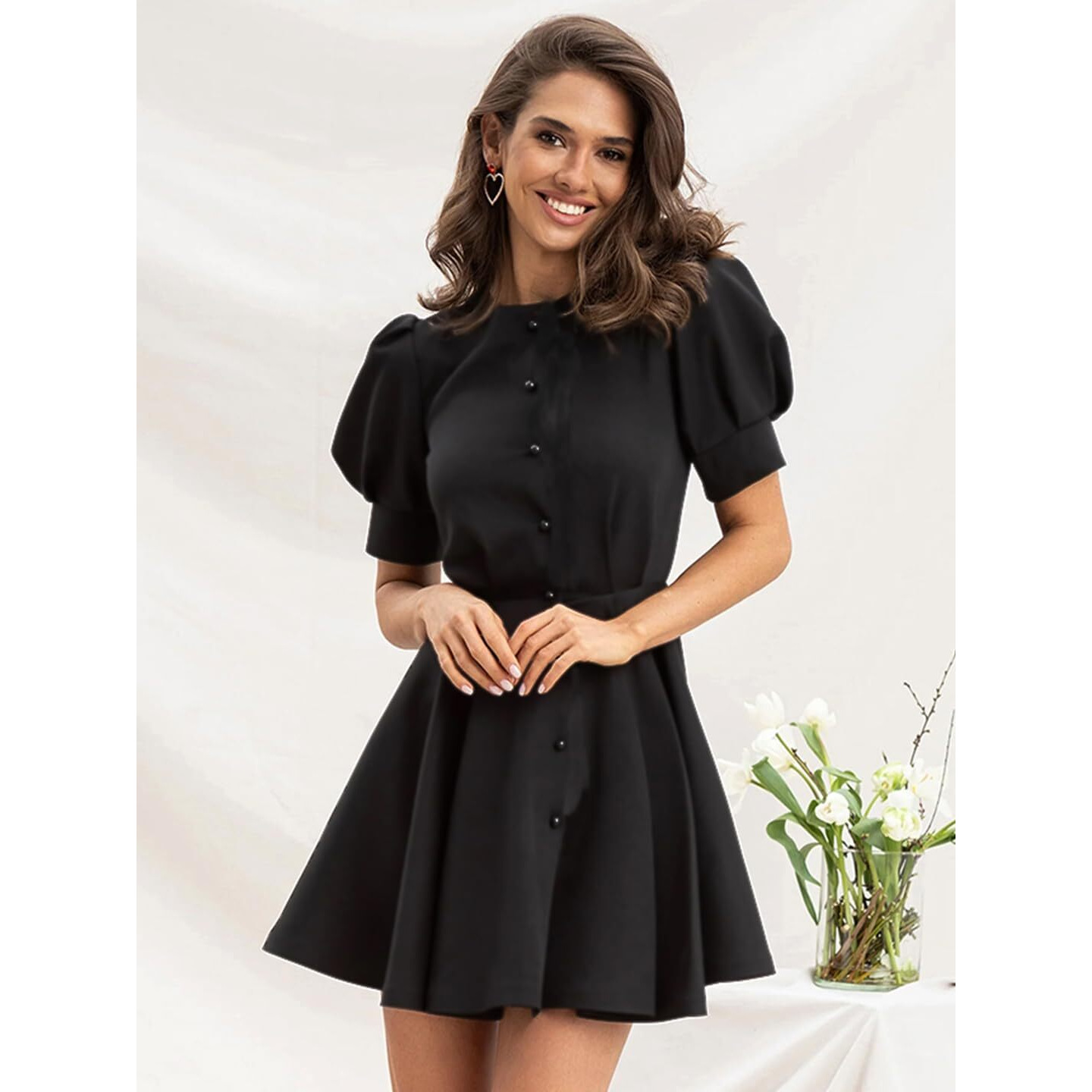 Addyvero Black Buttoned Puff-Sleeve Above Knee Dress