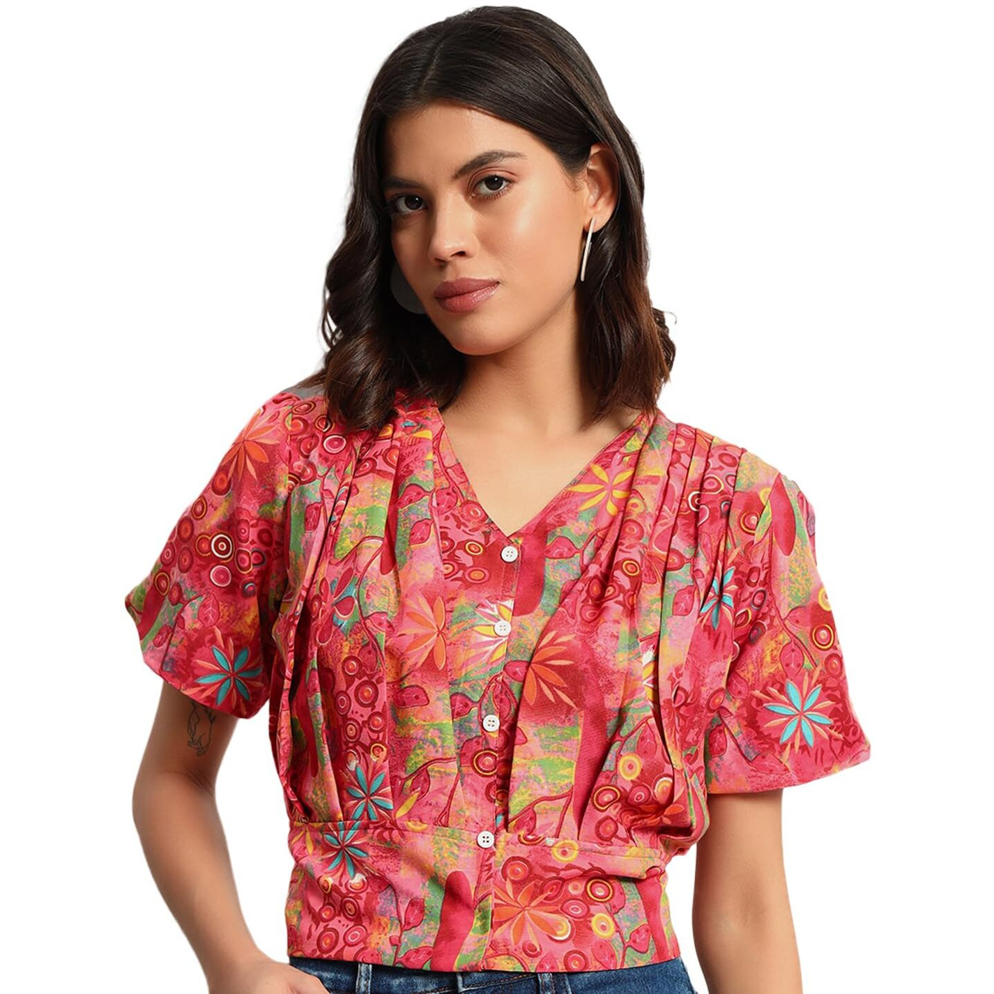 Addyvero Women Printed Balloon 3/4Th Sleeve V-Neck Front Attached Button Regular Fit Women Top (Pink, Xl)