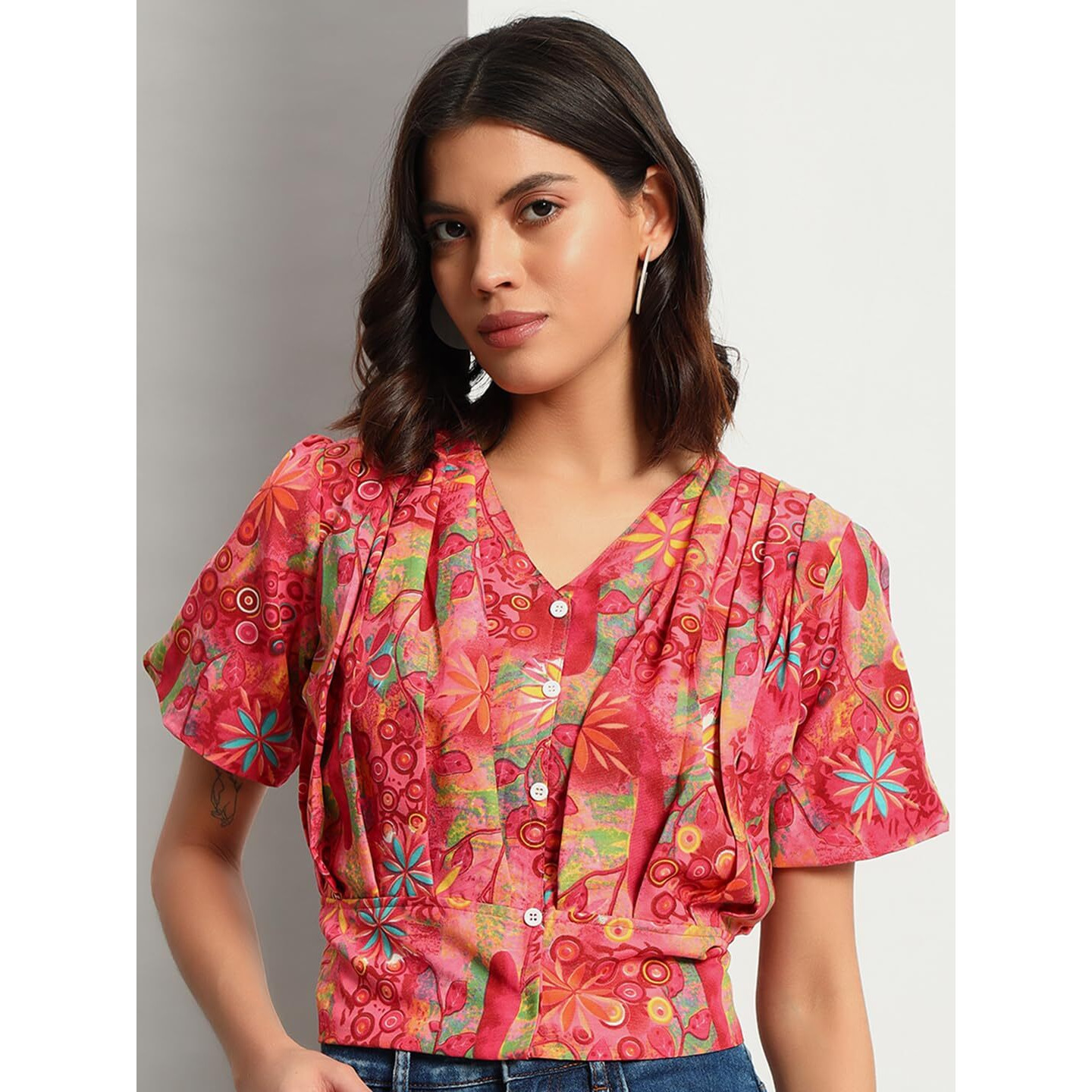 Addyvero Women Printed Balloon 3/4Th Sleeve V-Neck Front Attached Button Regular Fit Women Top (Pink, Xl)