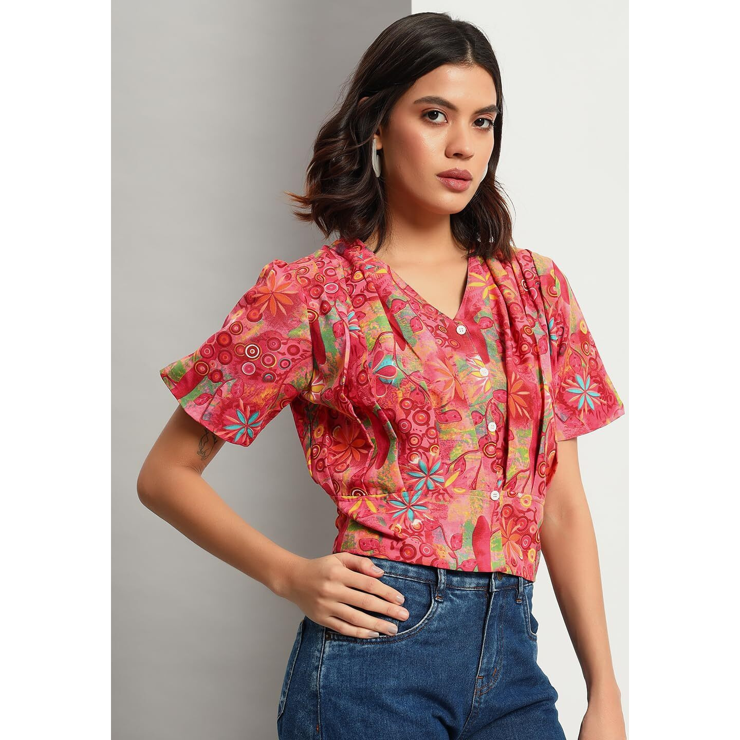 Addyvero Women Printed Balloon 3/4Th Sleeve V-Neck Front Attached Button Regular Fit Women Top (Pink, Xl)