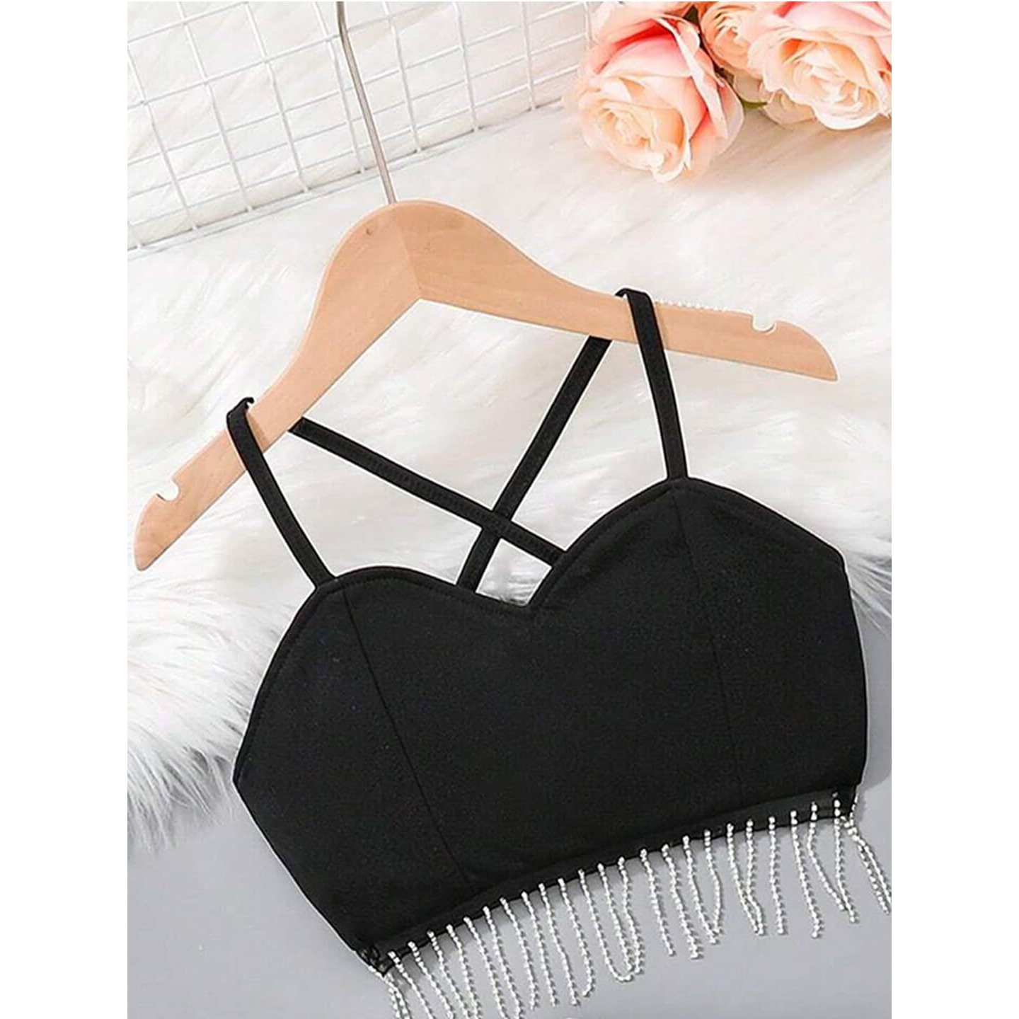 Addyvero Girls/Kids Solid Simple Fringe Design Shoulder Strap Regular Fit Girls Cami Top (Black, 3-4Y)