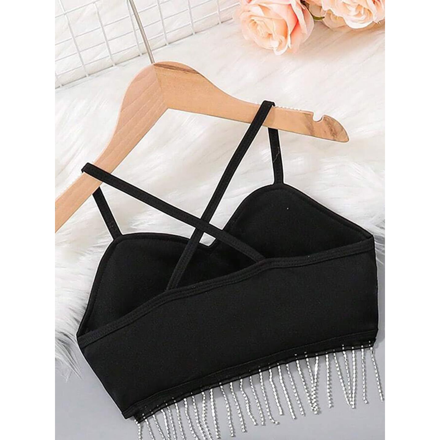 Addyvero Girls/Kids Solid Simple Fringe Design Shoulder Strap Regular Fit Girls Cami Top (Black, 3-4Y)