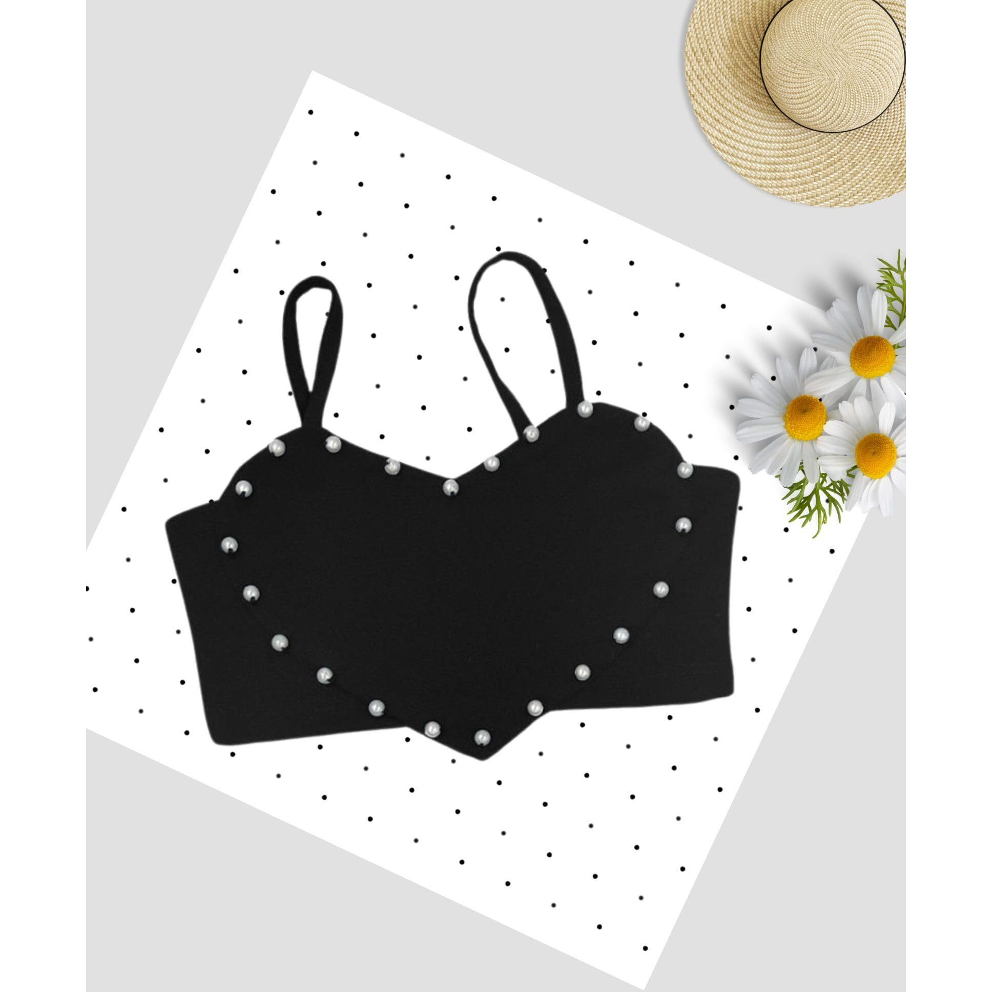 Addyvero Girls/Kids Solid Heart Shape With Pearl Shoulder Strap Regular Fit Girls Cami Top (Black, 3-4Y)