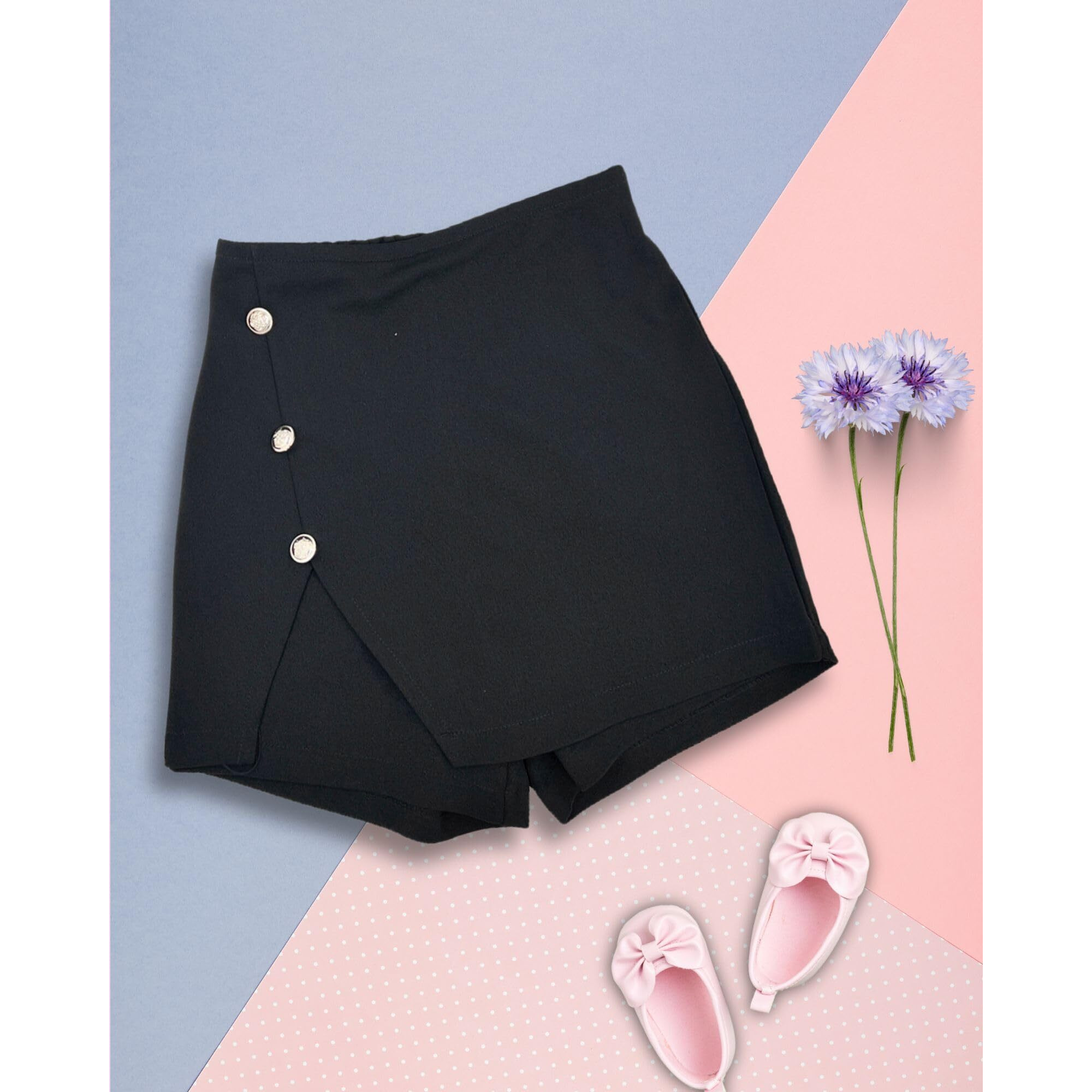 Addyvero Girls/Kids Solid Front Button Elasticated Waistband Regular Fit Girls Skorts (Black, 2-3Y)