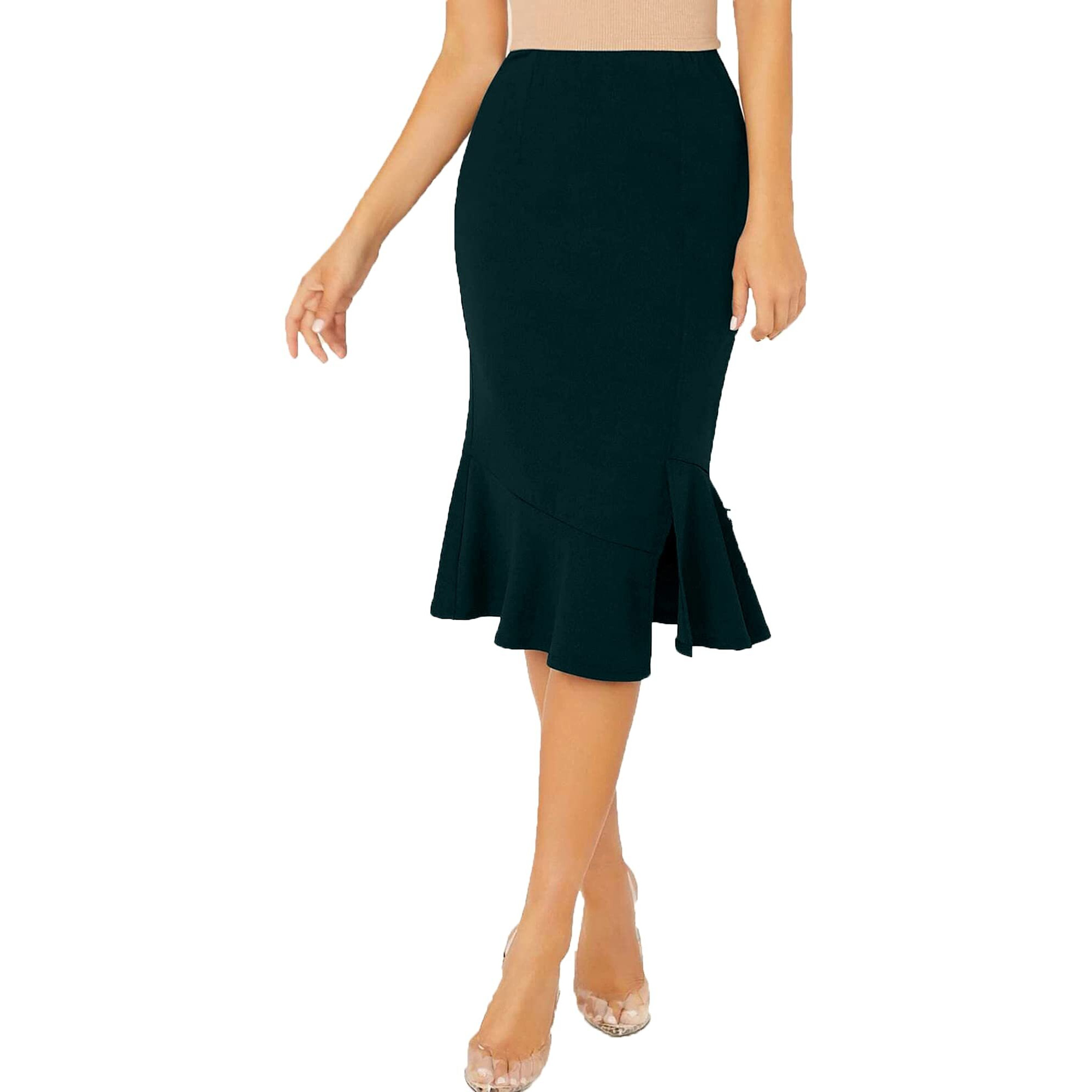 Addyvero High Rise Elastic Cotton Blend Solid Flared Pencil Fit Knee-Length Women Skirt (Green, 34)