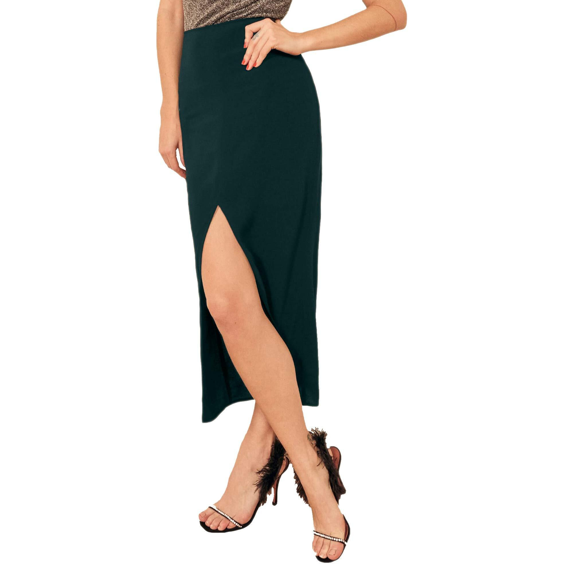 Addyvero High Rise Elastic Cotton Blend Solid Front Cut Pencil Fit Below Knee Women Slit Skirt (Green, 30)