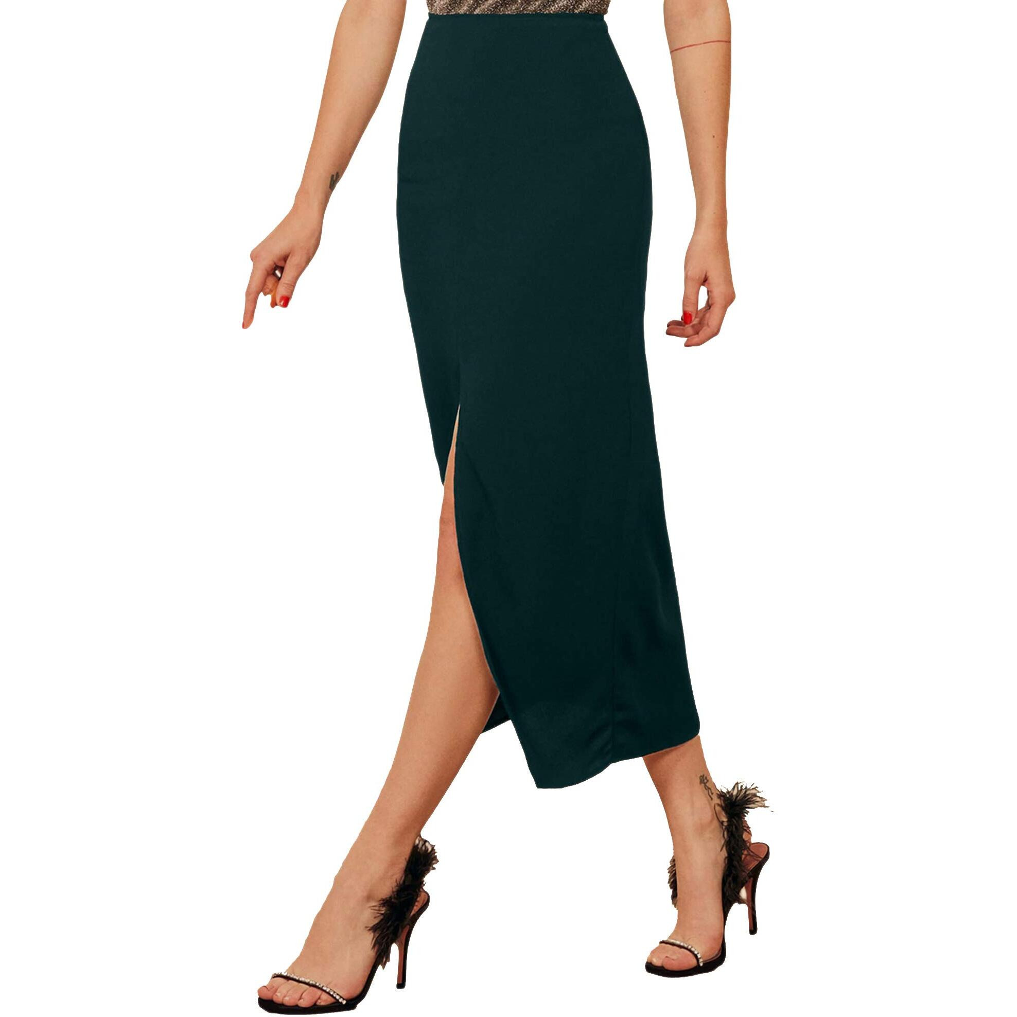 Addyvero High Rise Elastic Cotton Blend Solid Front Cut Pencil Fit Below Knee Women Slit Skirt (Green, 30)