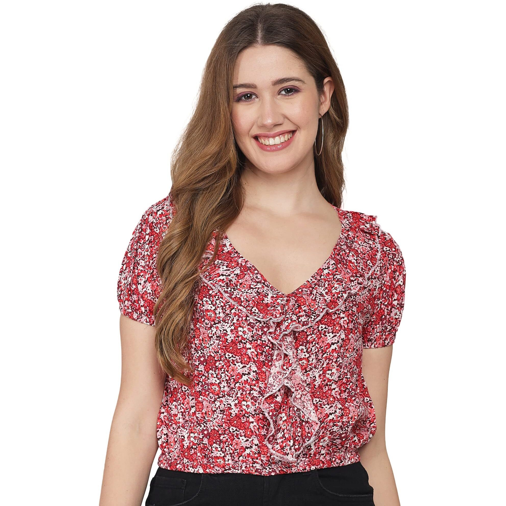 Addyvero V-Neck Short Sleeve Rayon Floral Printed Crop Top Short Length Women Top (Red, M)