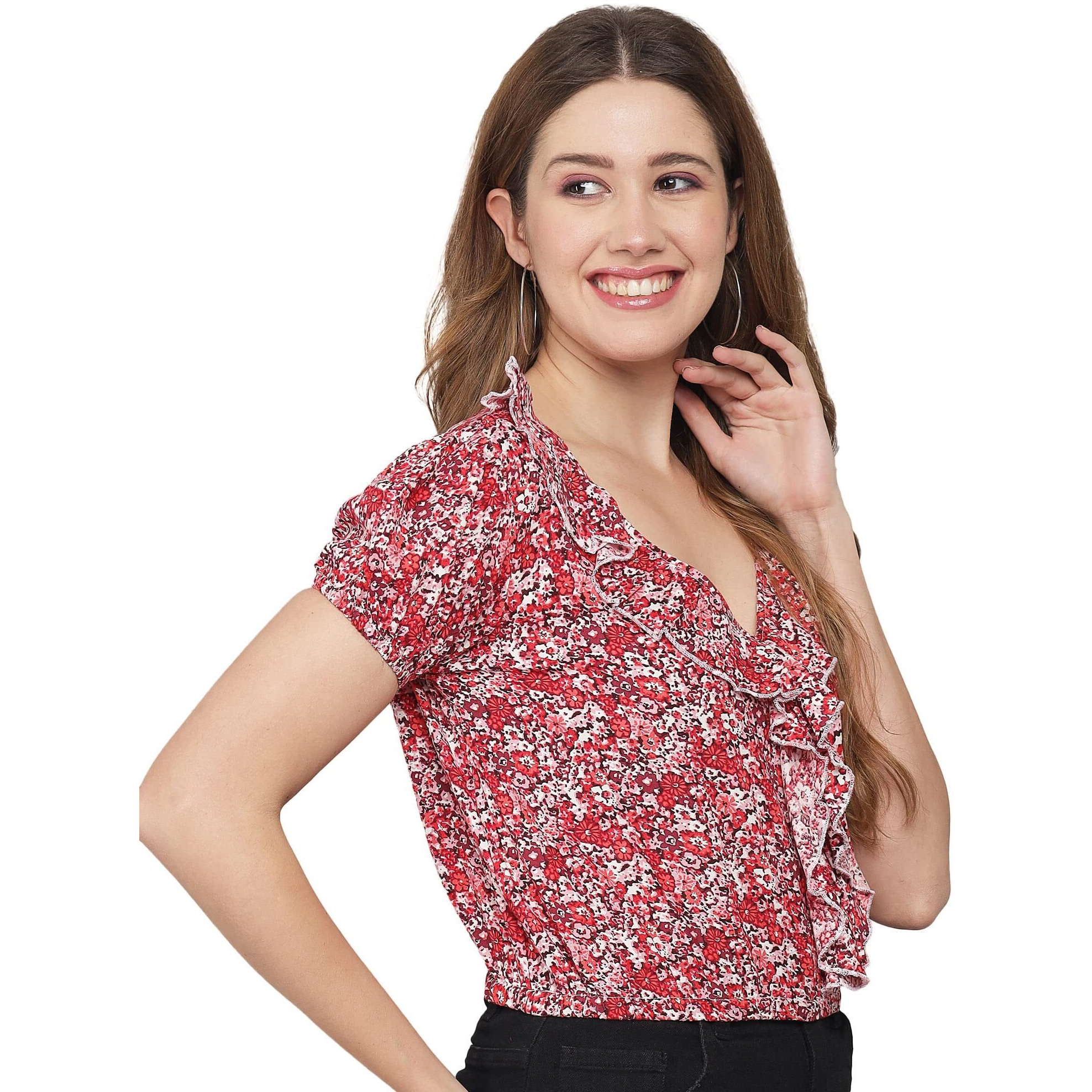 Addyvero V-Neck Short Sleeve Rayon Floral Printed Crop Top Short Length Women Top (Red, M)