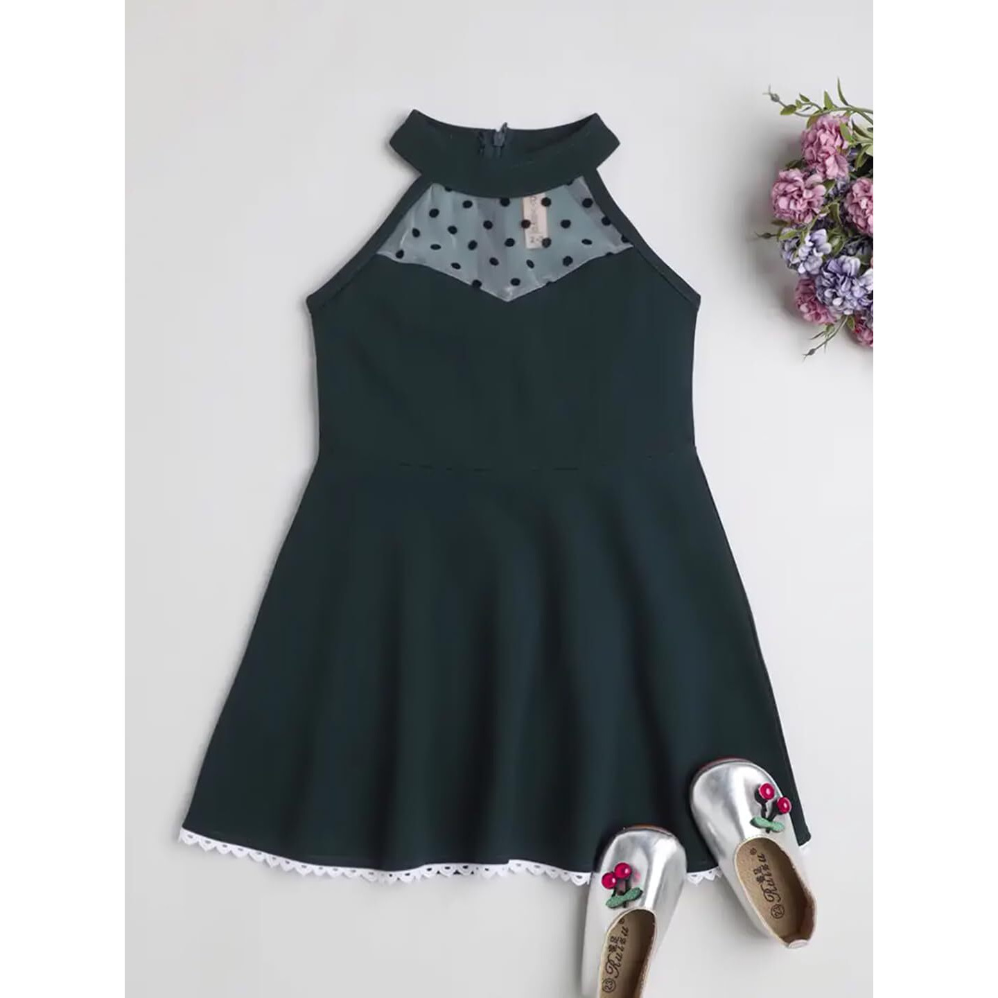 Addyvero Round Neck Sleeveless Cotton Blend Solid Regular Fit Knee Length Girls Fit And Flare Dress (Dark Green, 5-6Y)