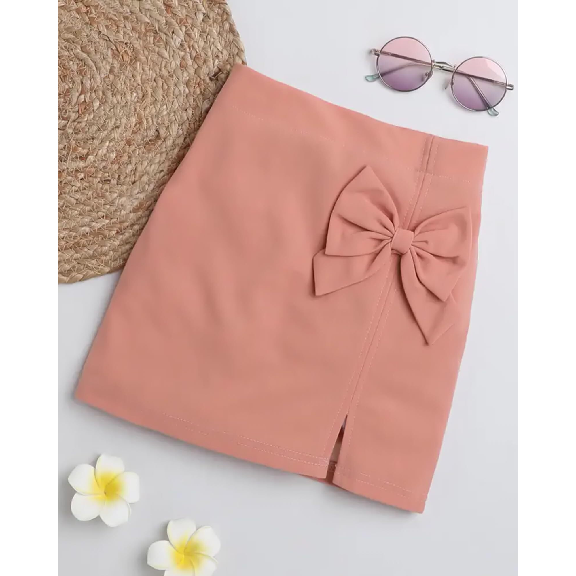 Addyvero High Rise Elastic Waist With Lace Cotton Blend Solid Regular Fit Knee-Length Girls Pencil Fit (Pink, 6-7Y)