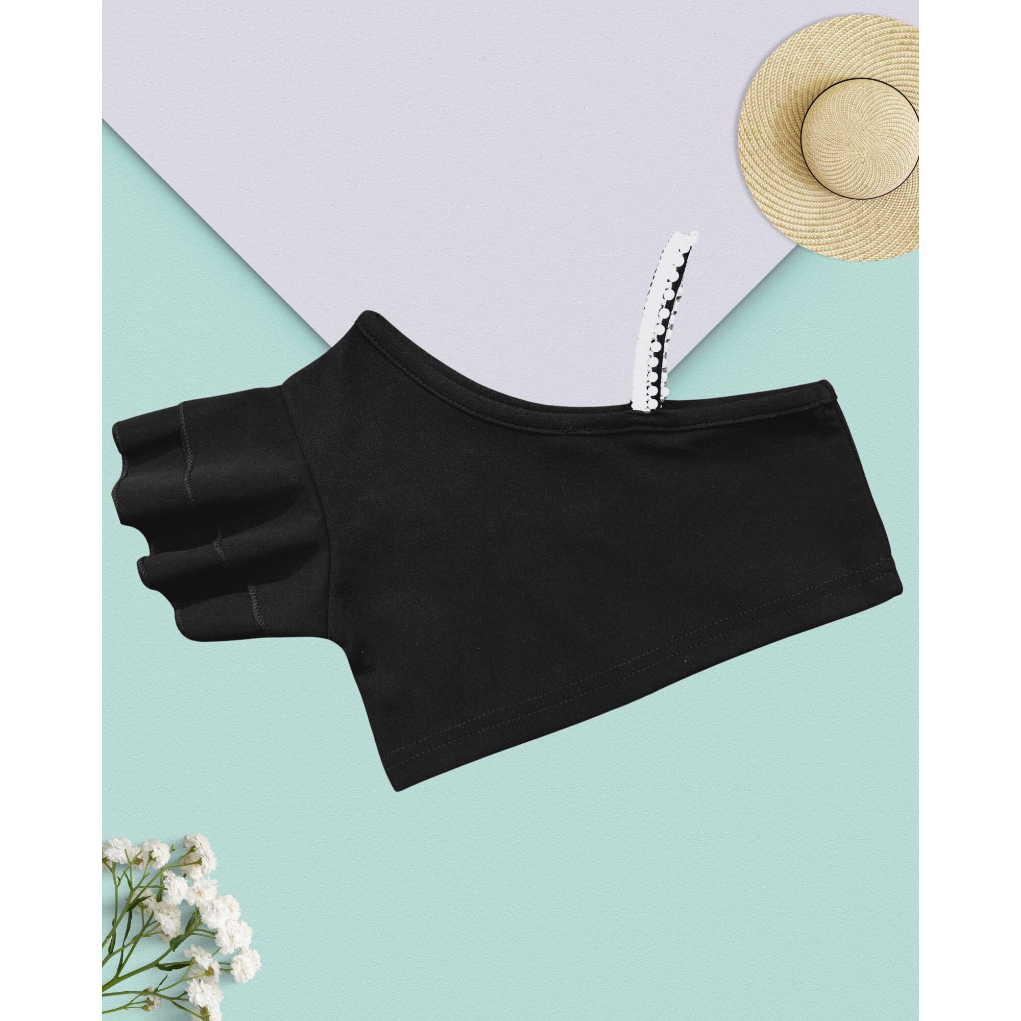 Addyvero Girls/Kids Solid One Shoulder Lace With Ruffles Sleeveless Regular Fit Girls Cami Top (Black, 8-9Y)