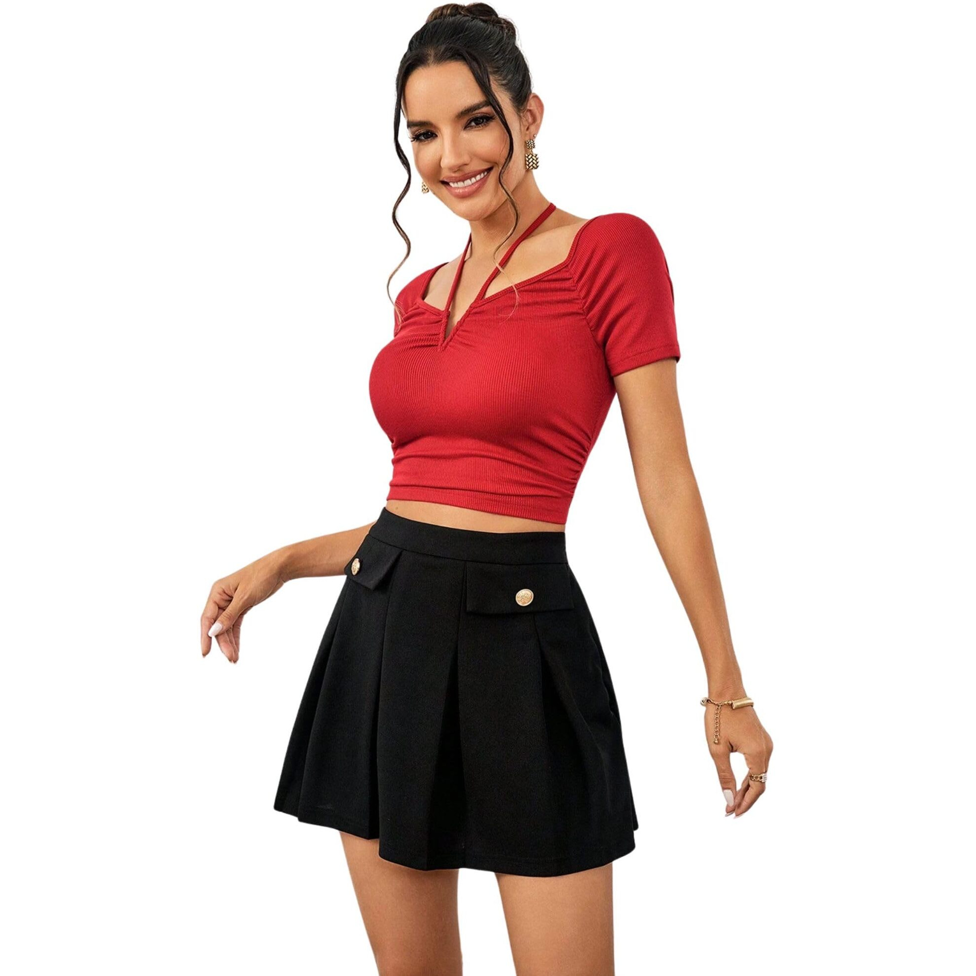 Addyvero Women's Summer Elegant & Casual & Daily & Dating & Work Loose A-Line Button Decor Mini Skirt Black