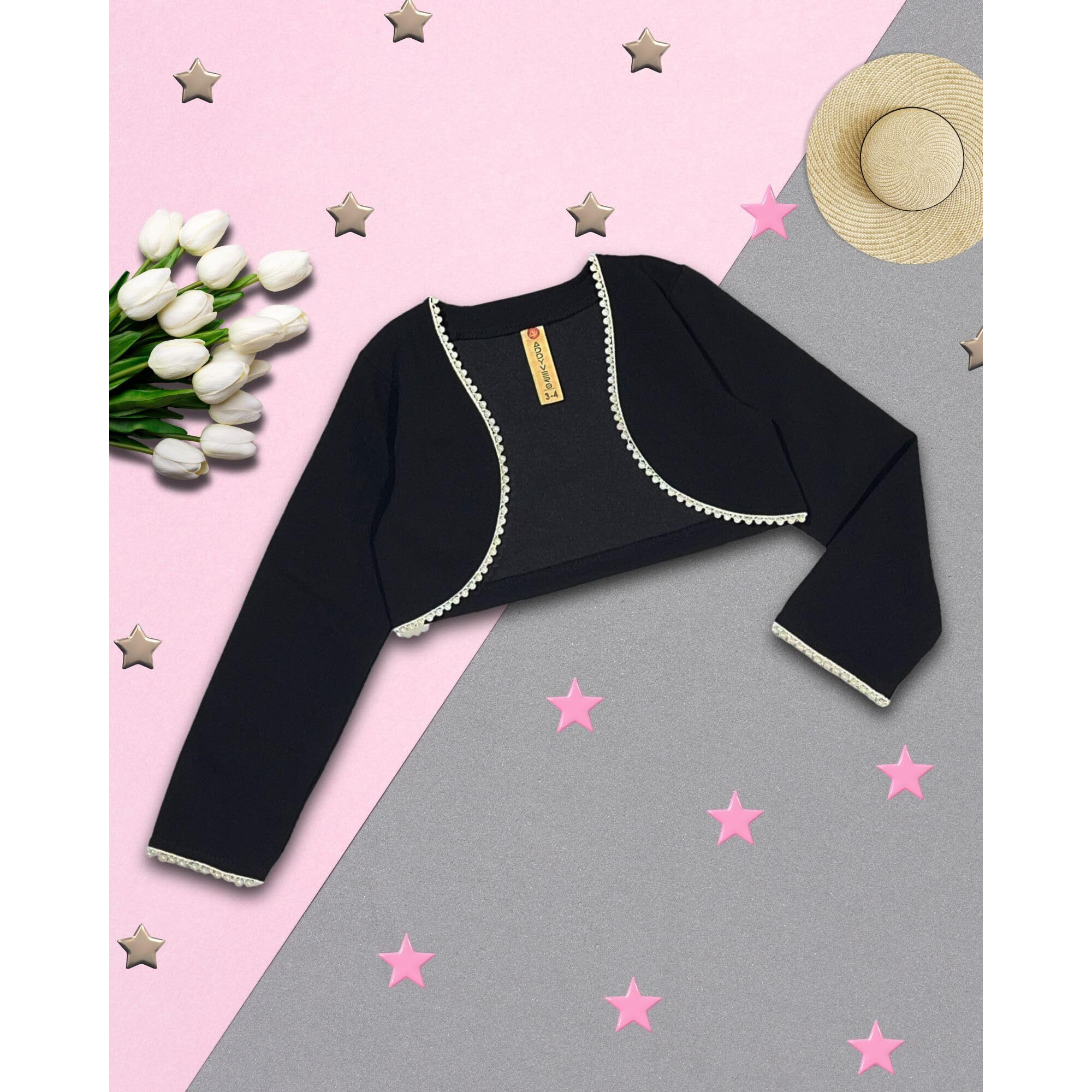 Addyvero Girls/Kids Solid Full Sleeve Open Front With Lace Regular Fit Girls Shrug (Black, 6-7Y)