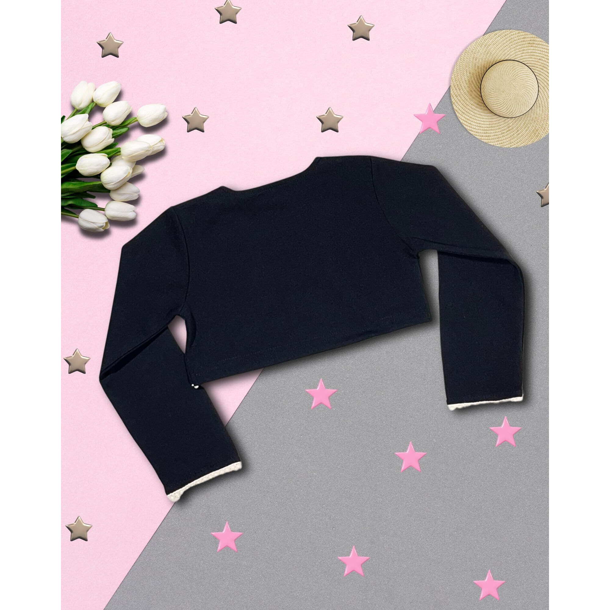 Addyvero Girls/Kids Solid Full Sleeve Open Front With Lace Regular Fit Girls Shrug (Black, 6-7Y)