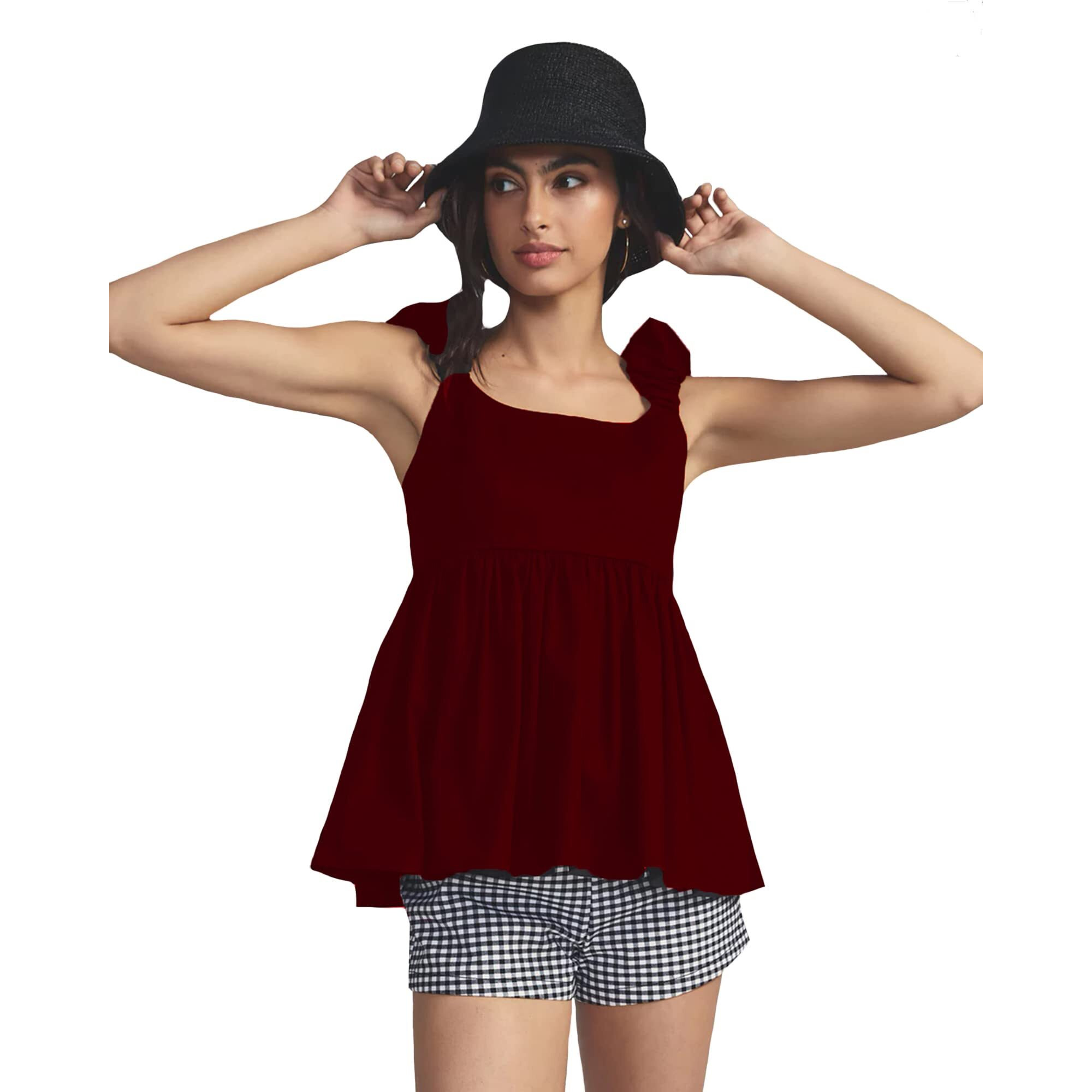 Addyvero Squareneck Sleeveless Cotton Blend Solid Regular Standard Length Women Top (Maroon, M)