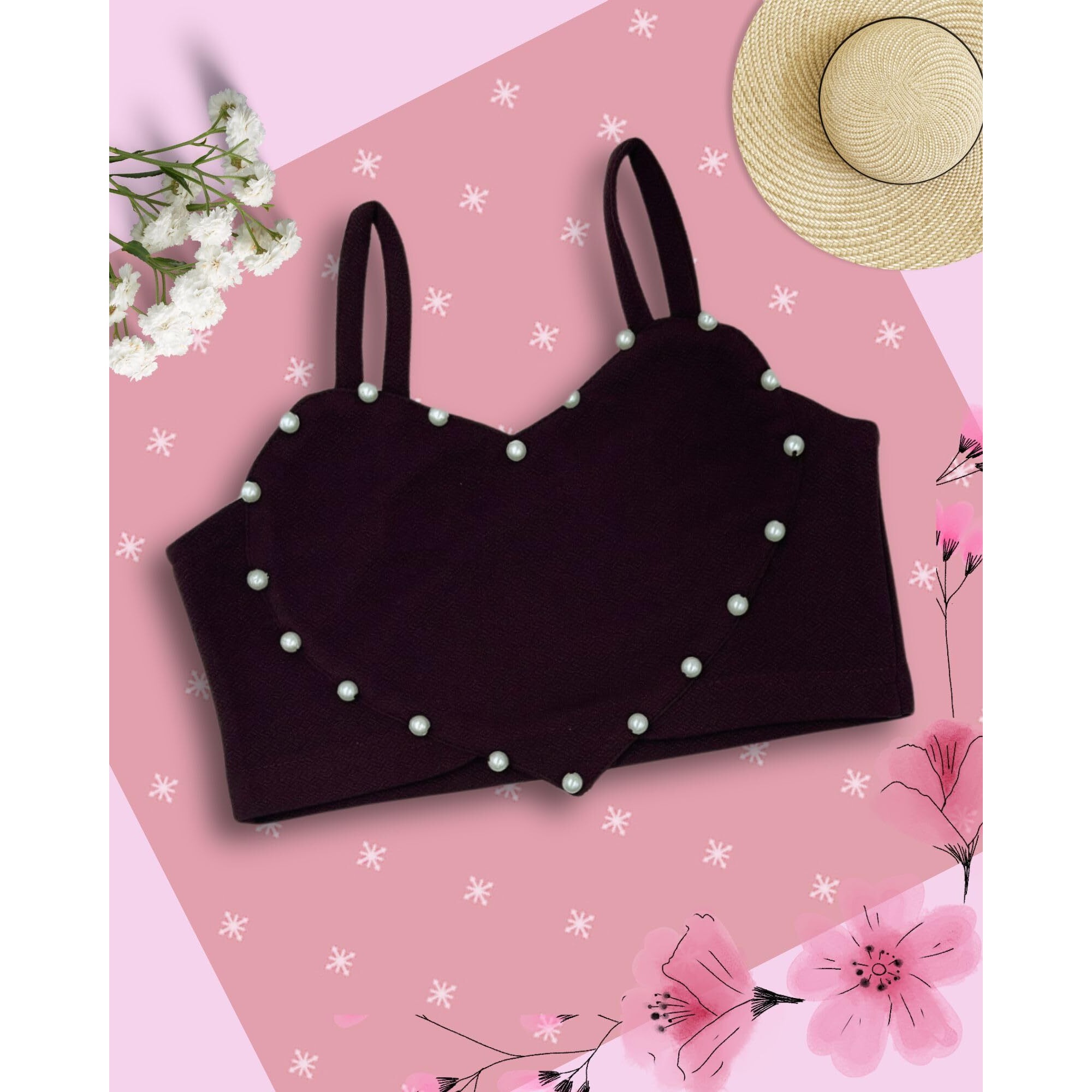 Addyvero Girls/Kids Solid Heart Shape With Pearl Shoulder Strap Regular Fit Girls Cami Top (Maroon, 5-6Y)