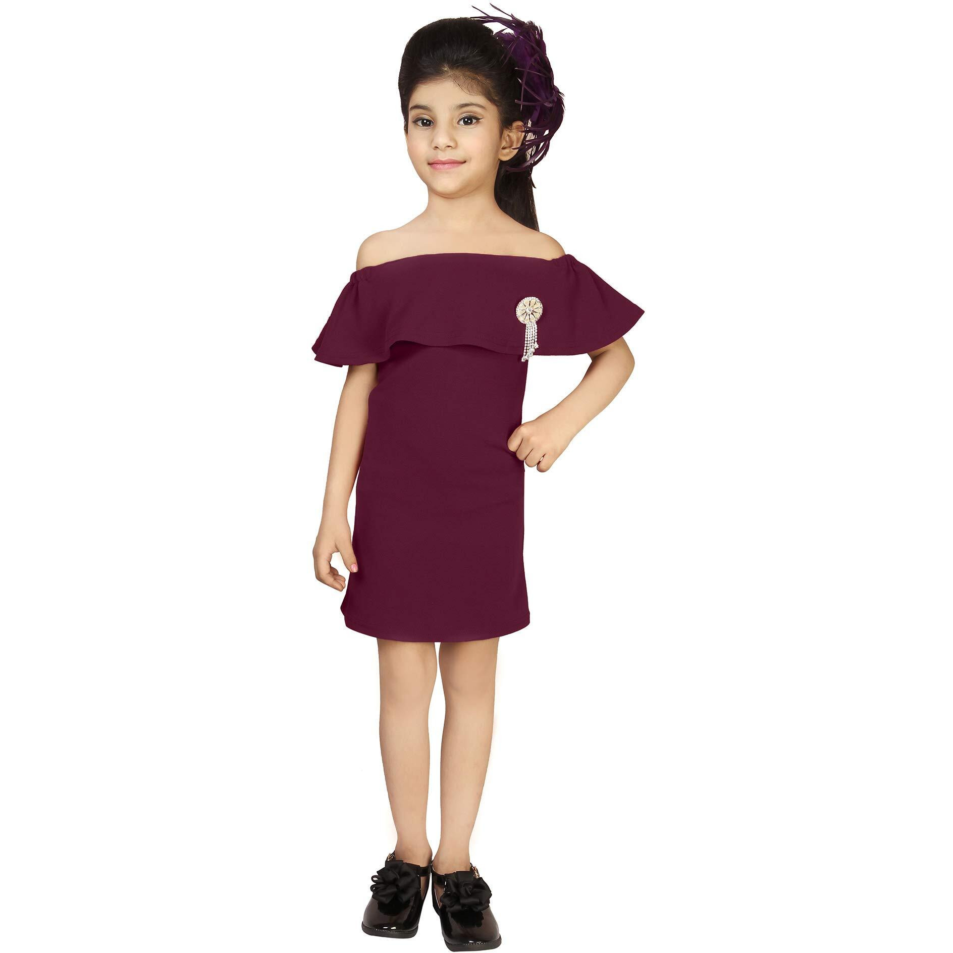 Addyvero Off Shoulder Neck Sleeveless Cotton Blend Solid Bodycon Knee-Length Girls Dress (Purple, 2-3Y)