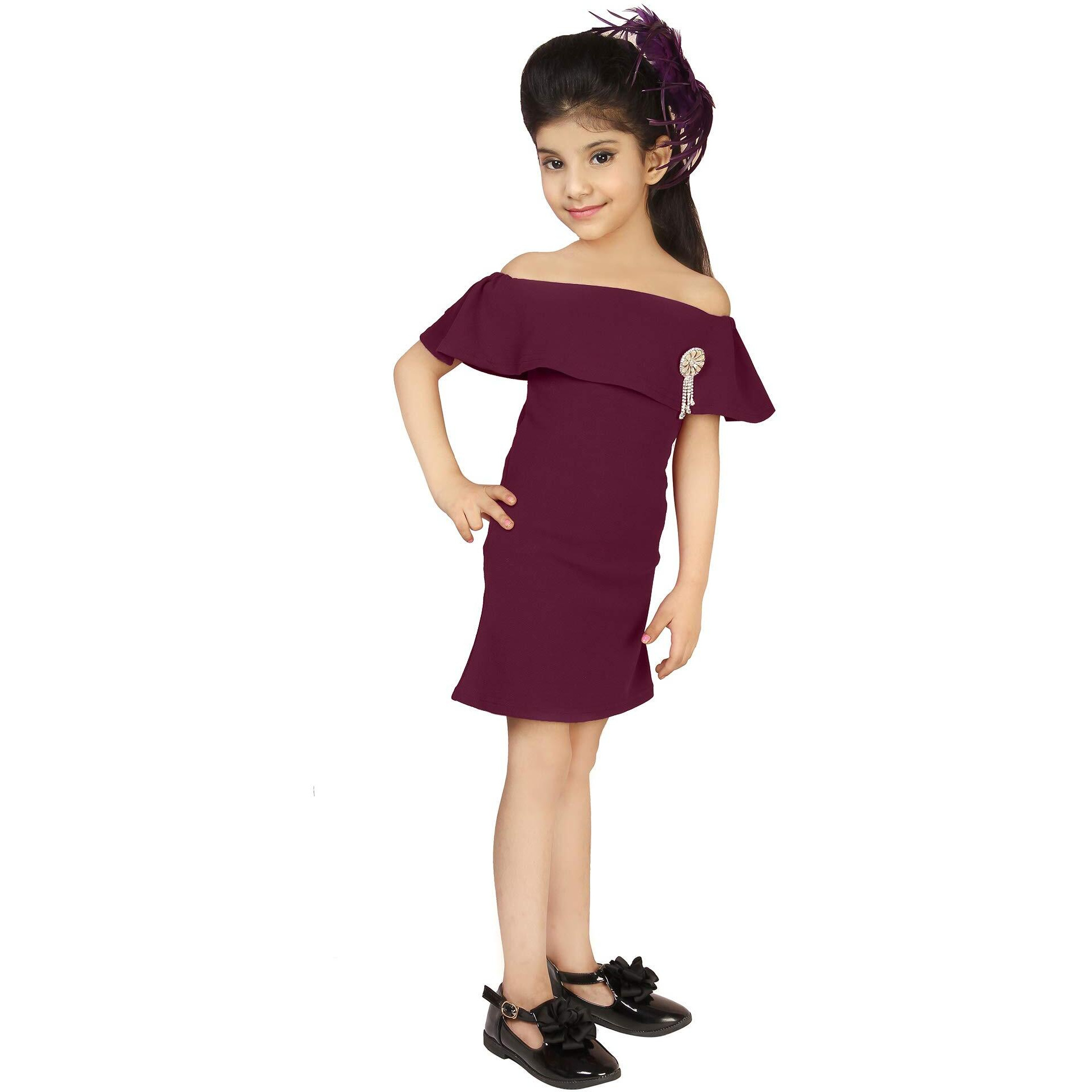 Addyvero Off Shoulder Neck Sleeveless Cotton Blend Solid Bodycon Knee-Length Girls Dress (Purple, 2-3Y)
